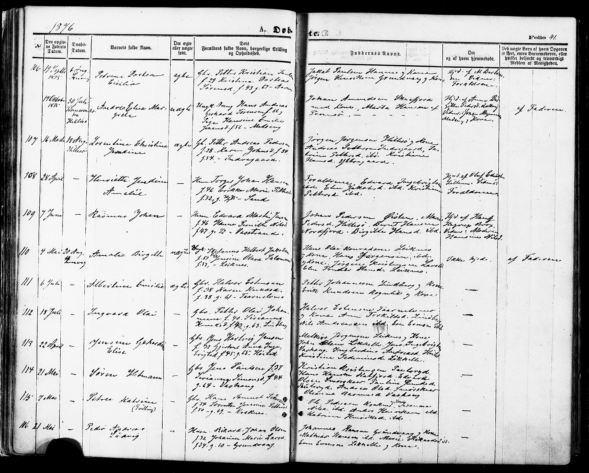 Lenvik sokneprestembete, SATØ/S-1310/H/Ha/Haa/L0010kirke: Parish register (official) no. 10, 1873-1880, p. 41