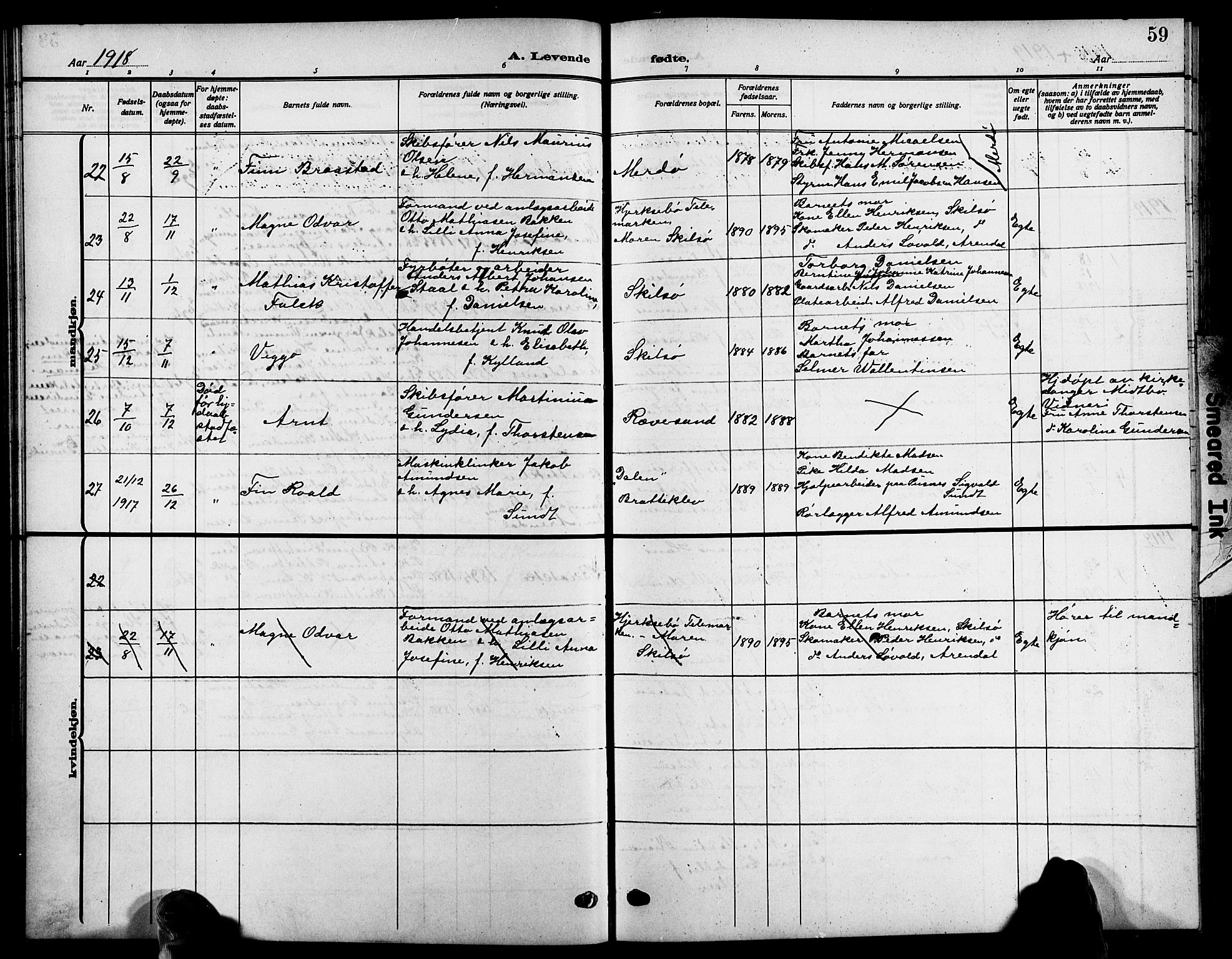 Tromøy sokneprestkontor, SAK/1111-0041/F/Fb/L0007: Parish register (copy) no. B 7, 1908-1925, p. 59