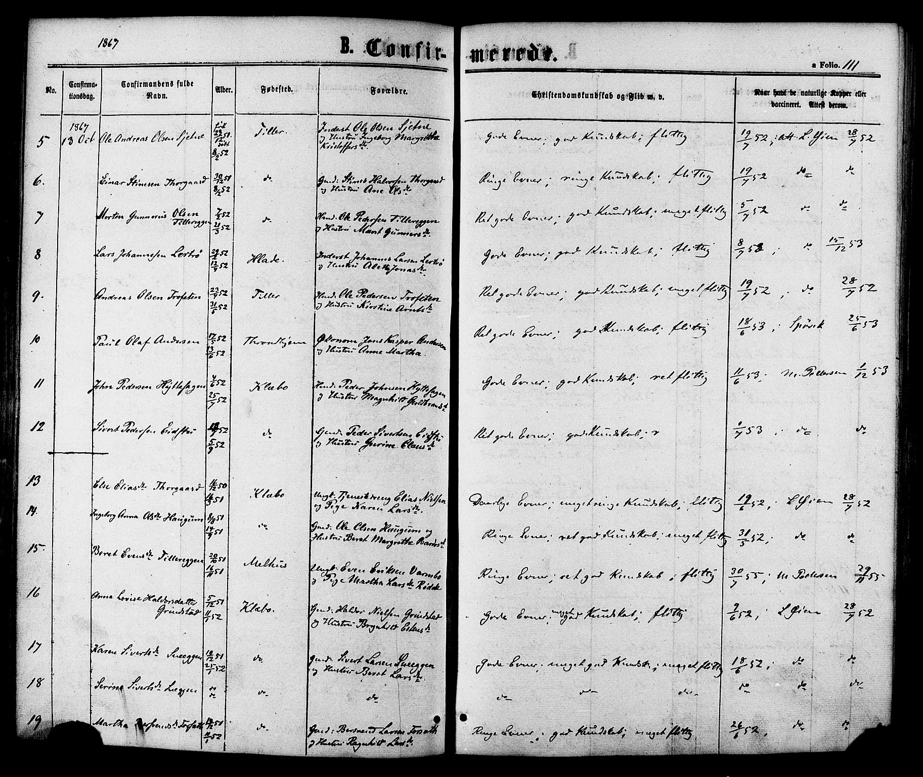 Ministerialprotokoller, klokkerbøker og fødselsregistre - Sør-Trøndelag, AV/SAT-A-1456/618/L0442: Parish register (official) no. 618A06 /1, 1863-1879, p. 111