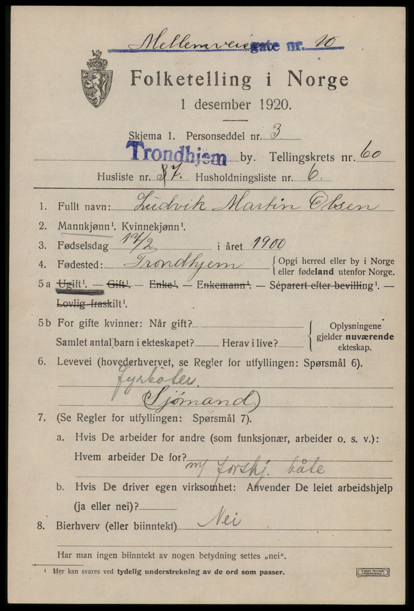 SAT, 1920 census for Trondheim, 1920, p. 121394