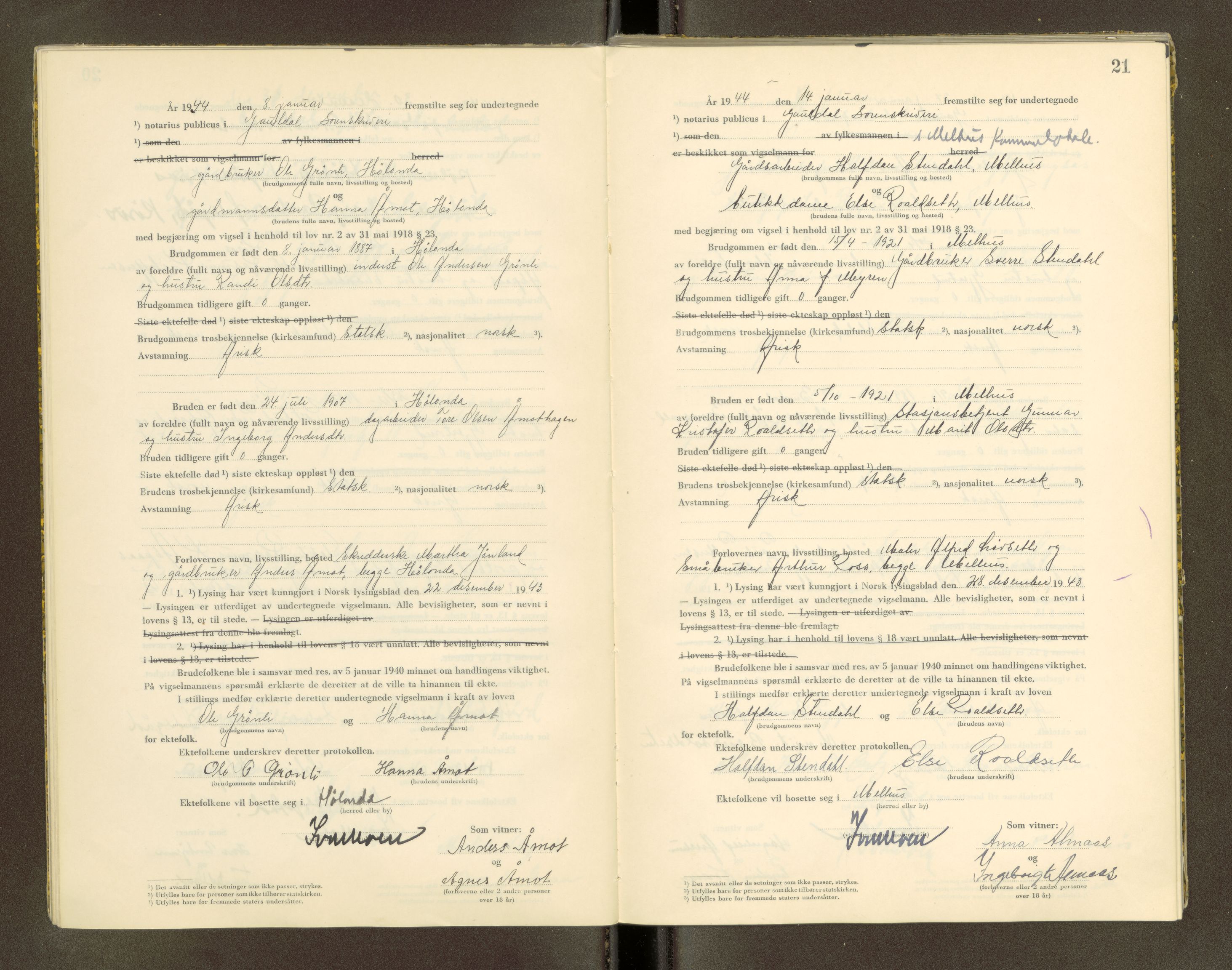 Gauldal sorenskriveri, AV/SAT-A-0014/1/6/6C/L0002: Vigselbok, 1943-1945, p. 21