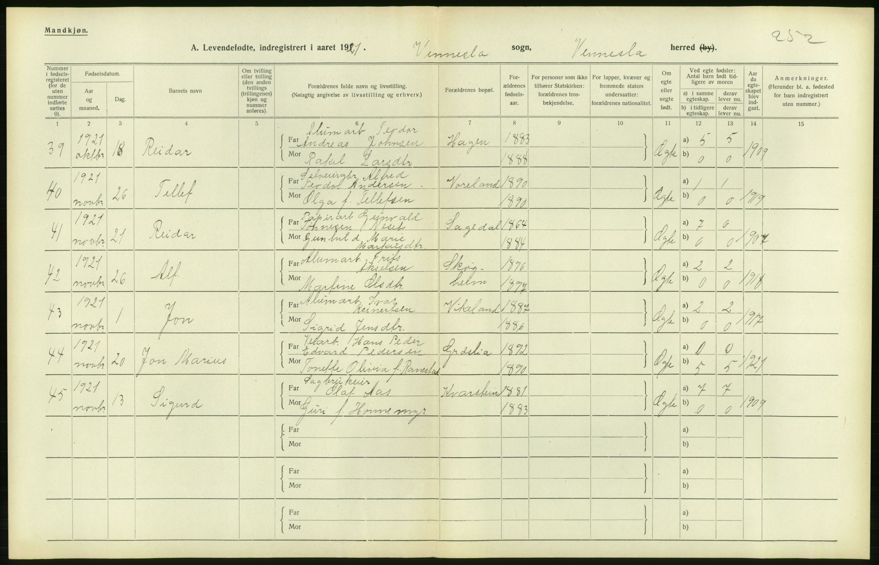 Statistisk sentralbyrå, Sosiodemografiske emner, Befolkning, AV/RA-S-2228/D/Df/Dfc/Dfca/L0026: Vest-Agder fylke: Levendefødte menn og kvinner. Bygder og byer., 1921, p. 34