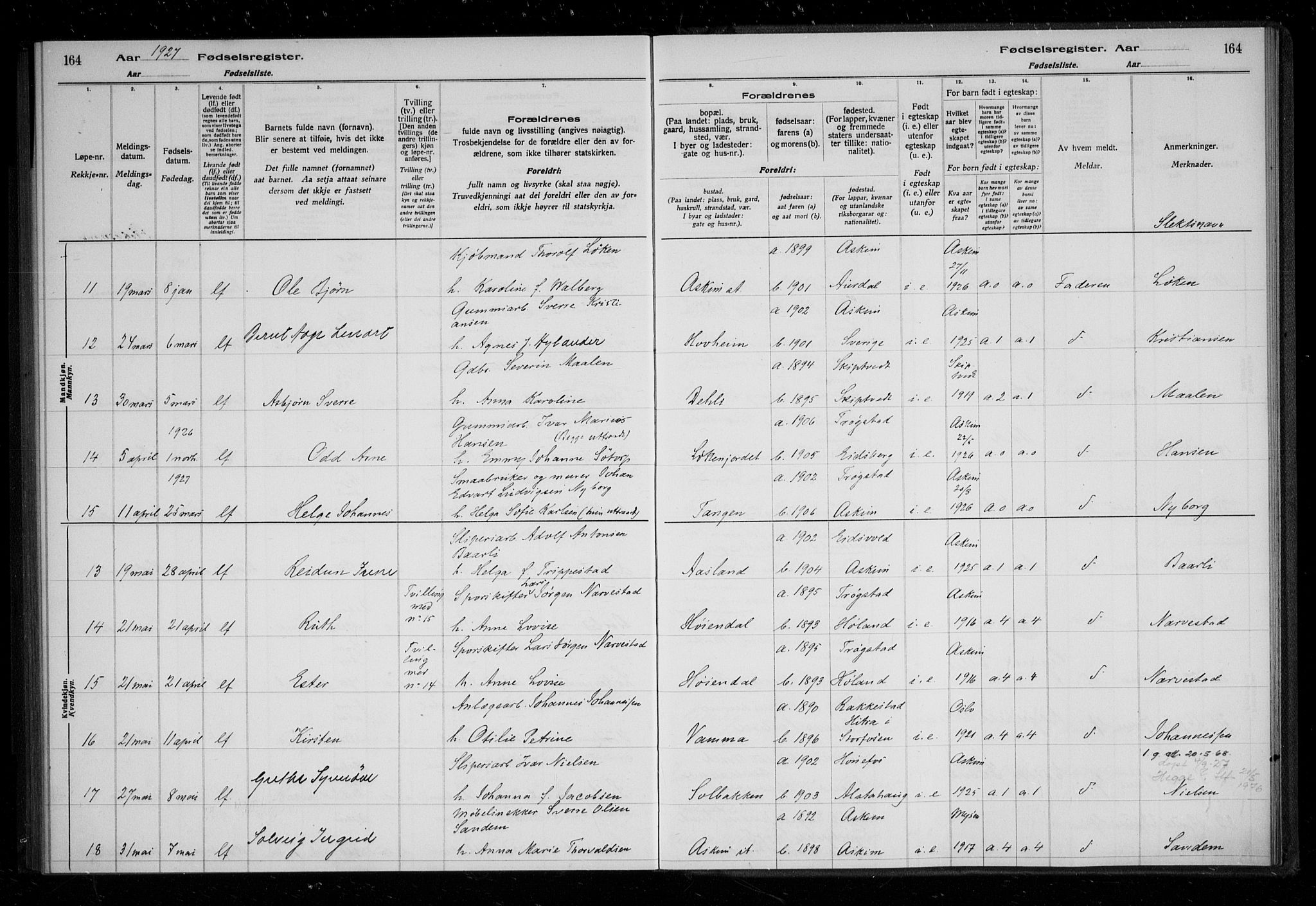 Askim prestekontor Kirkebøker, AV/SAO-A-10900/J/Ja/L0001: Birth register no. 1, 1916-1929, p. 164