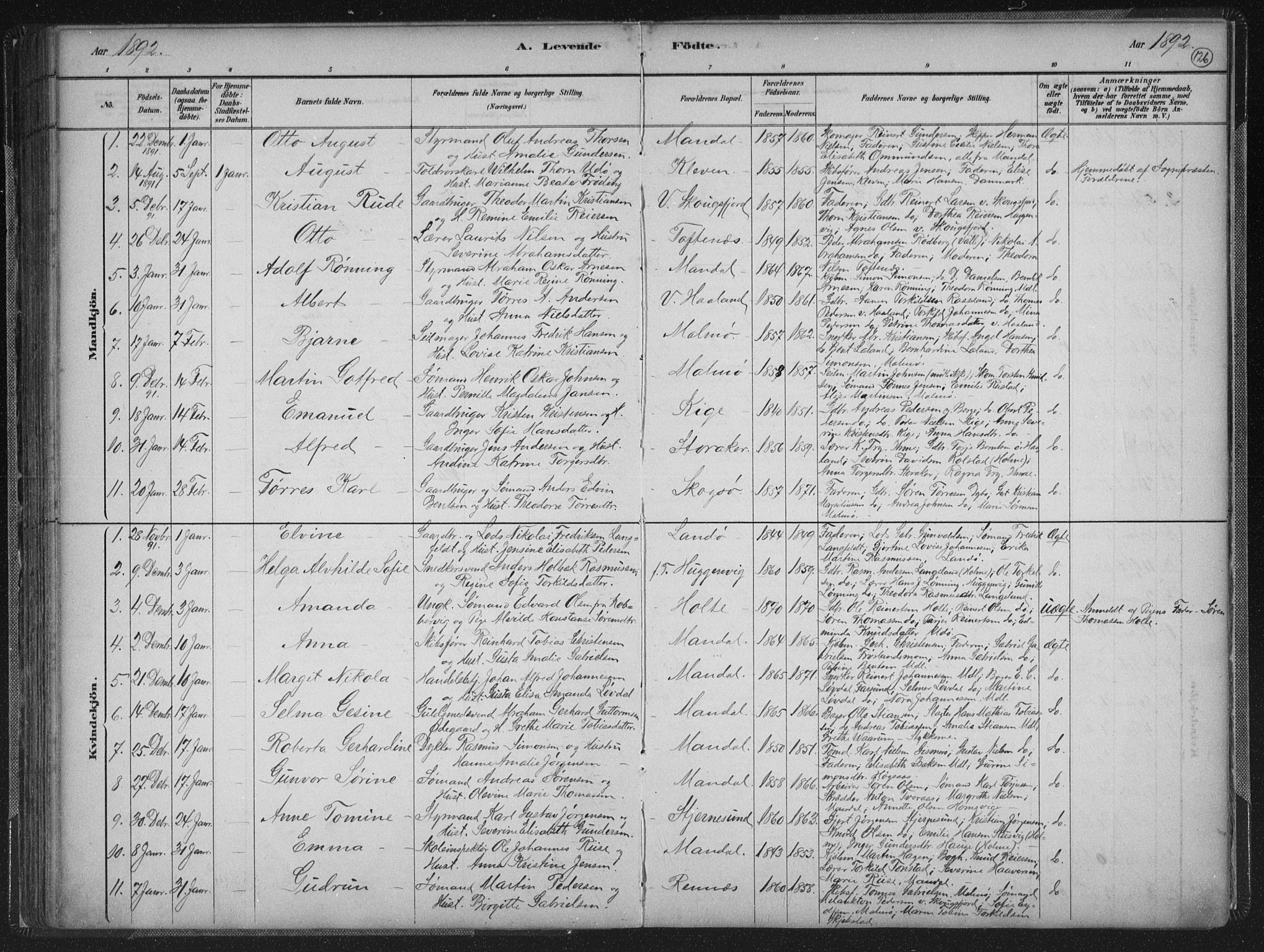 Mandal sokneprestkontor, SAK/1111-0030/F/Fb/Fba/L0011: Parish register (copy) no. B 5, 1880-1898, p. 126