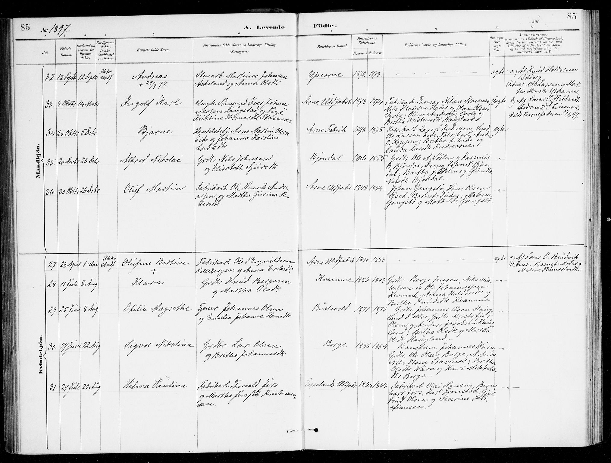 Haus sokneprestembete, AV/SAB-A-75601/H/Haa/Haad/L0001: Parish register (official) no. D 1, 1887-1898, p. 85