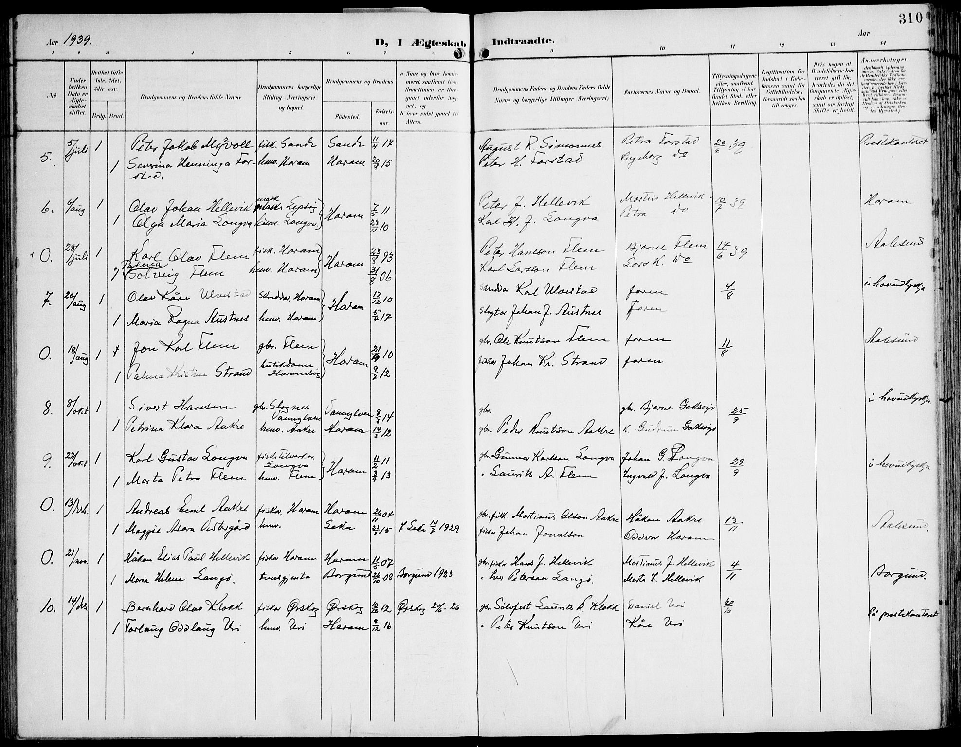 Ministerialprotokoller, klokkerbøker og fødselsregistre - Møre og Romsdal, AV/SAT-A-1454/536/L0511: Parish register (copy) no. 536C06, 1899-1944, p. 310