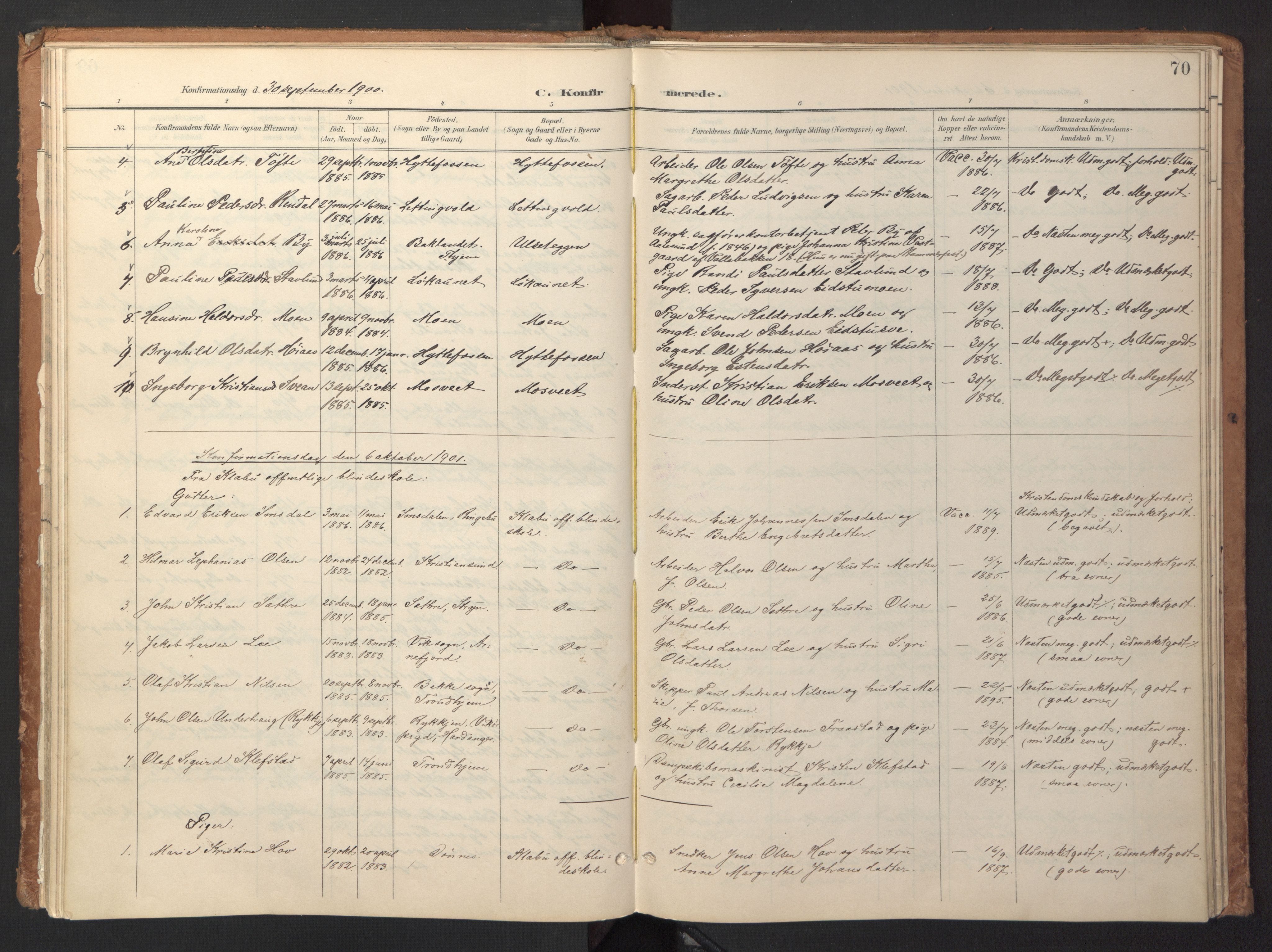 Ministerialprotokoller, klokkerbøker og fødselsregistre - Sør-Trøndelag, AV/SAT-A-1456/618/L0448: Parish register (official) no. 618A11, 1898-1916, p. 70