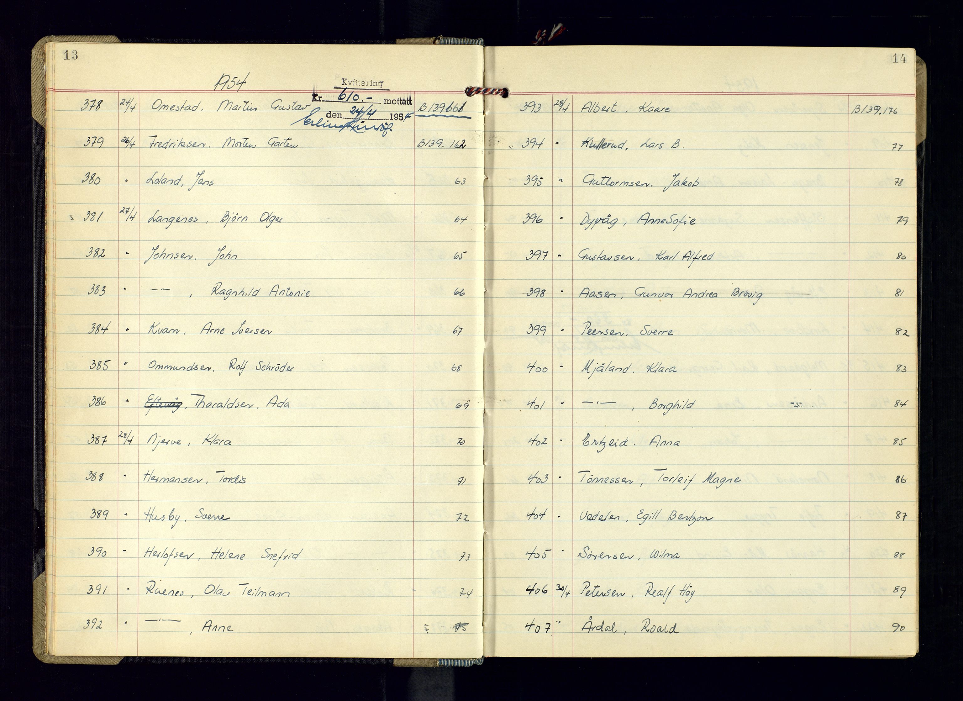 Kristiansand politikammer - 2, AV/SAK-1243-0009/K/Ka/Kaa/L0613: Passprotokoll, liste med løpenumre, 1954-1958, p. 13-14