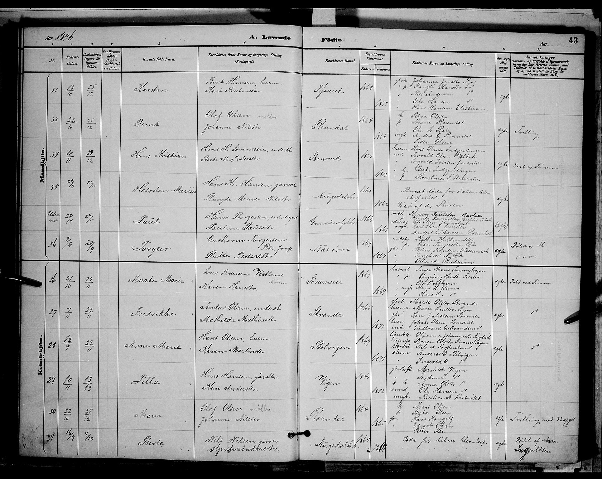 Gran prestekontor, SAH/PREST-112/H/Ha/Hab/L0004: Parish register (copy) no. 4, 1890-1899, p. 43