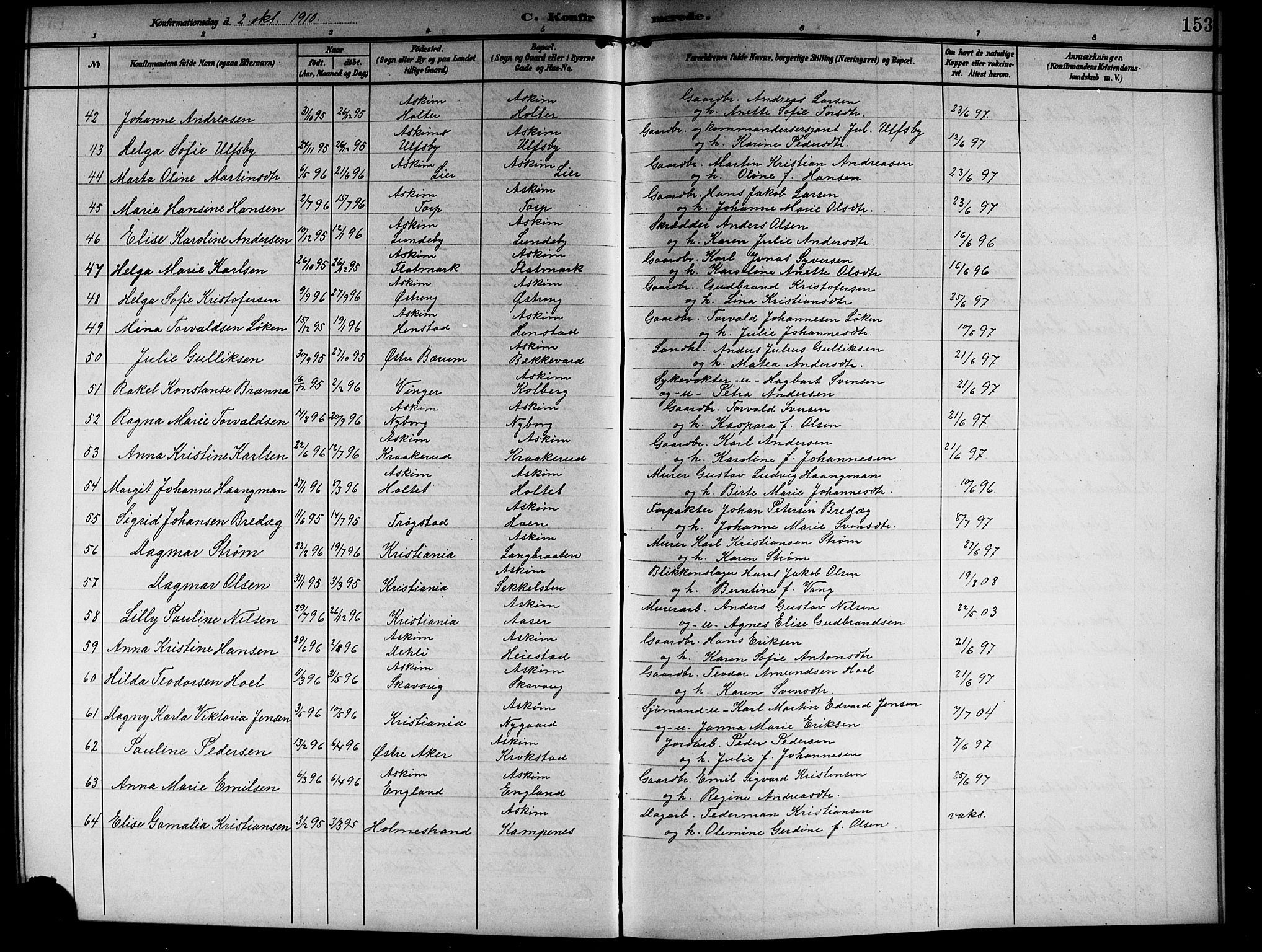Askim prestekontor Kirkebøker, SAO/A-10900/G/Ga/L0002: Parish register (copy) no. 2, 1903-1921, p. 153