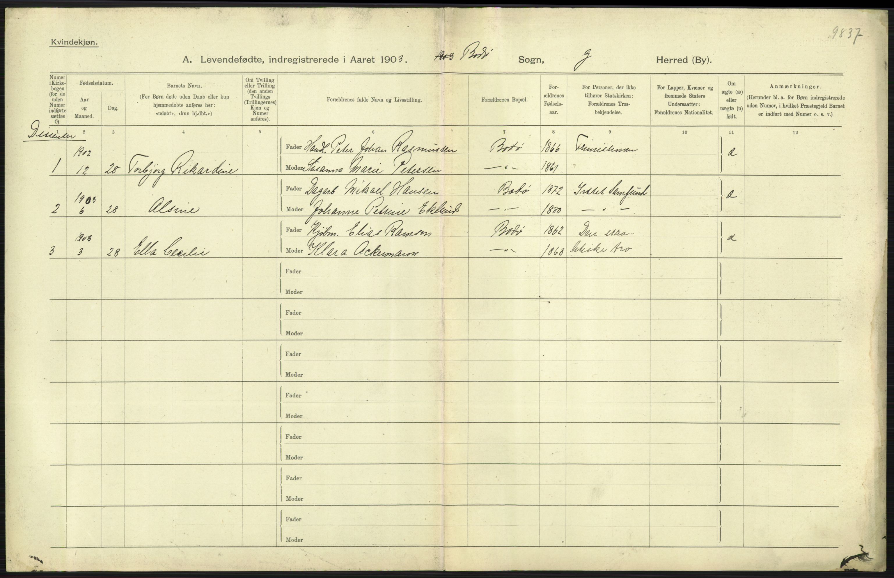 Statistisk sentralbyrå, Sosiodemografiske emner, Befolkning, AV/RA-S-2228/D/Df/Dfa/Dfaa/L0019: Nordlands amt: Fødte, gifte, døde., 1903, p. 3