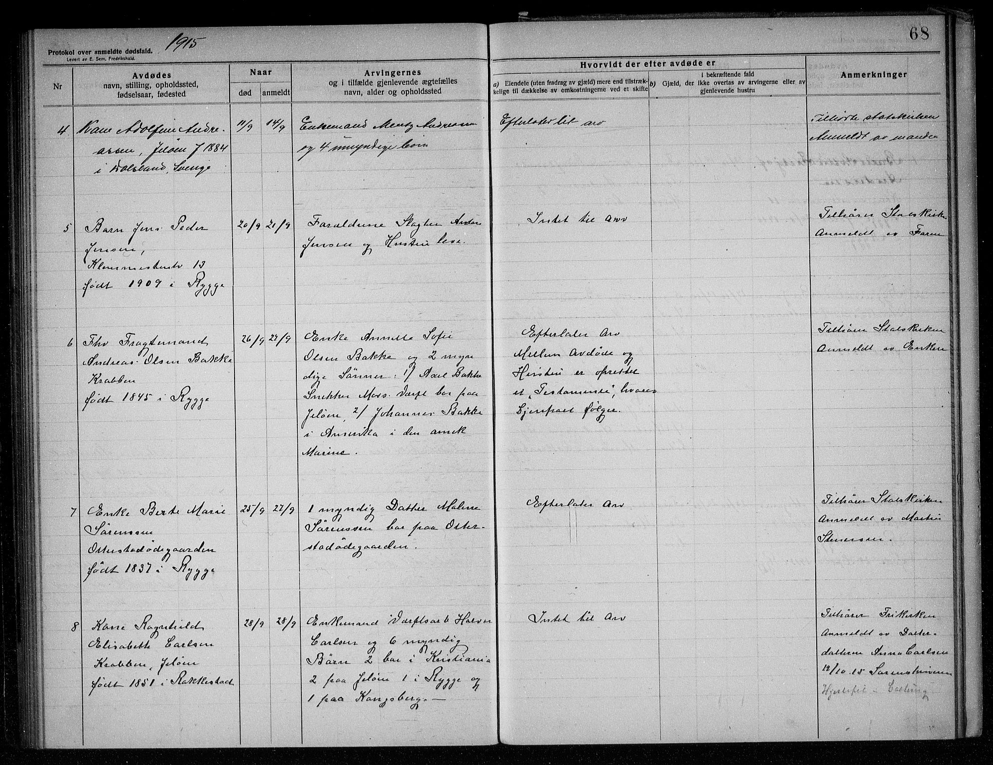 Rygge lensmannskontor, AV/SAO-A-10005/H/Ha/Haa/L0005: Dødsfallsprotokoll, 1912-1916, p. 68