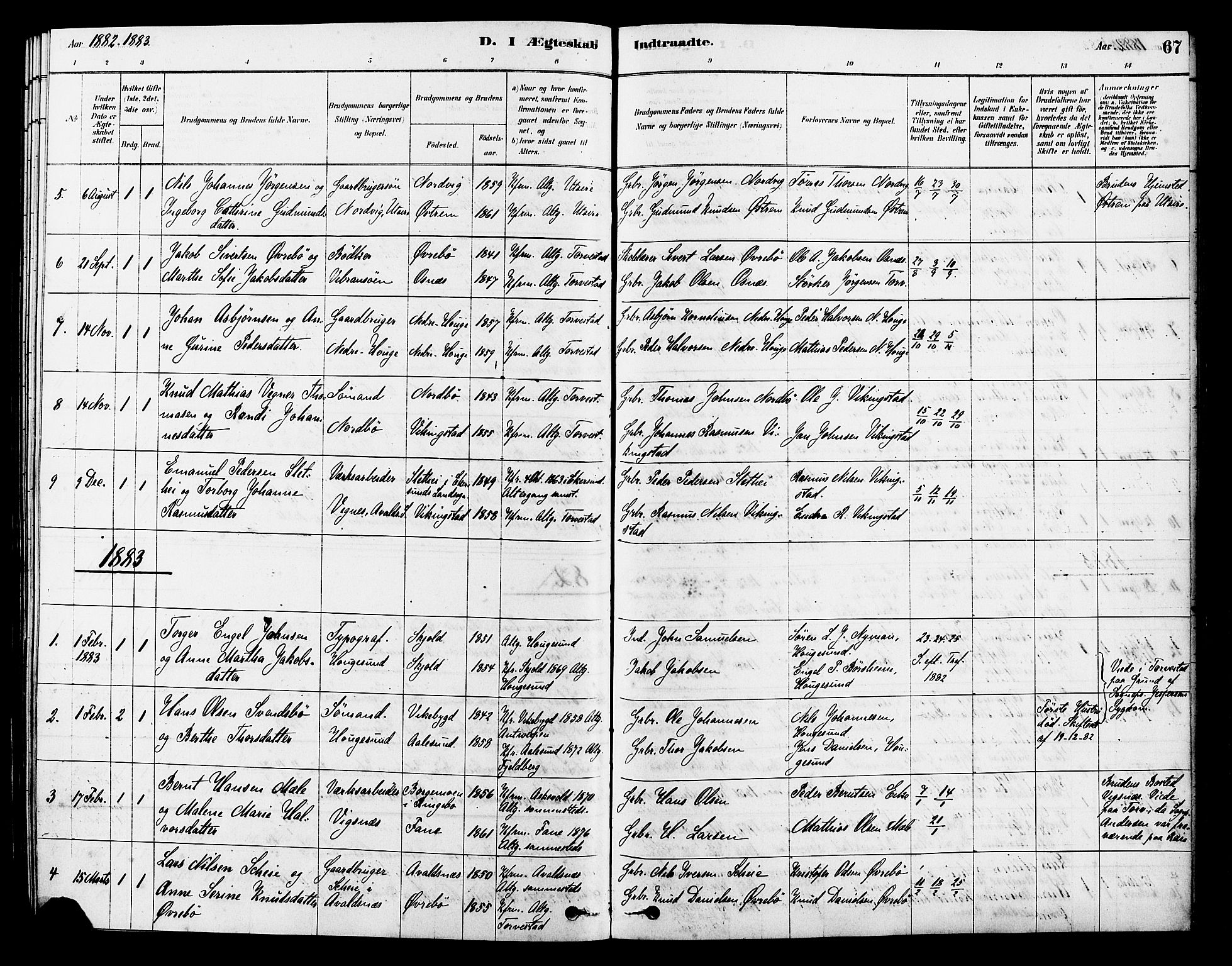 Torvastad sokneprestkontor, SAST/A -101857/H/Ha/Haa/L0014: Parish register (official) no. A 13, 1879-1888, p. 67