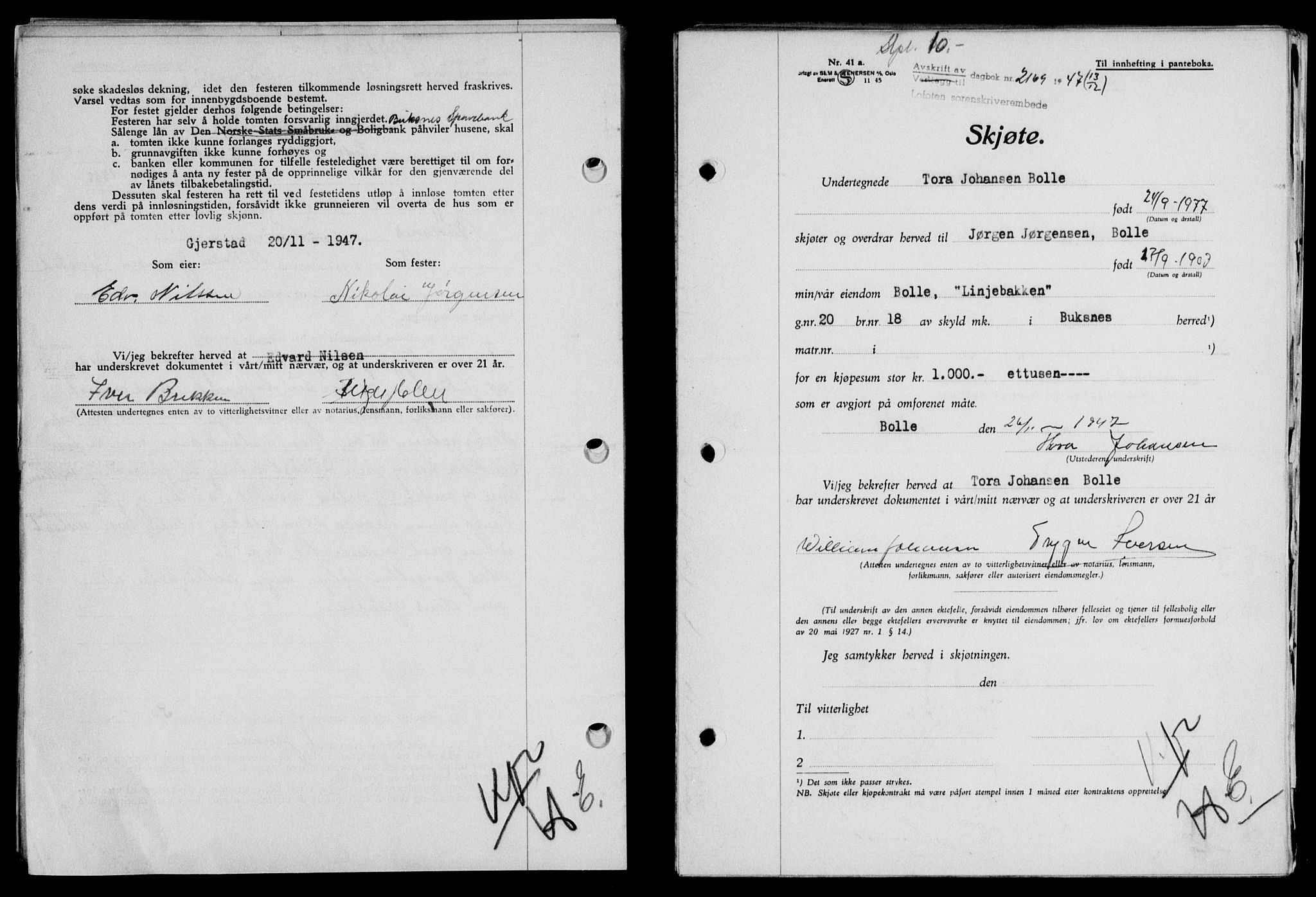 Lofoten sorenskriveri, SAT/A-0017/1/2/2C/L0017a: Mortgage book no. 17a, 1947-1948, Diary no: : 2169/1947