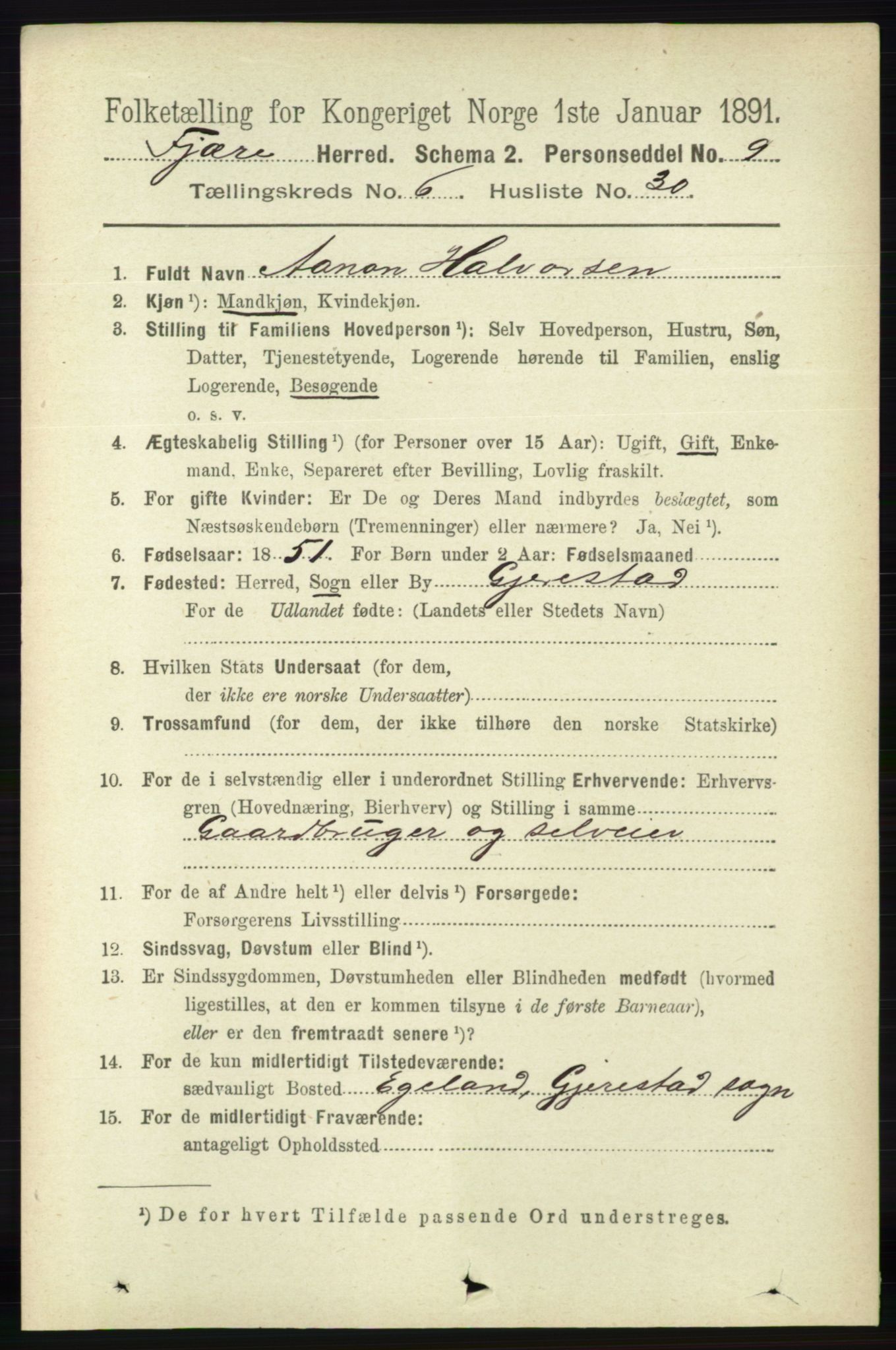 RA, 1891 census for 0923 Fjære, 1891, p. 3119