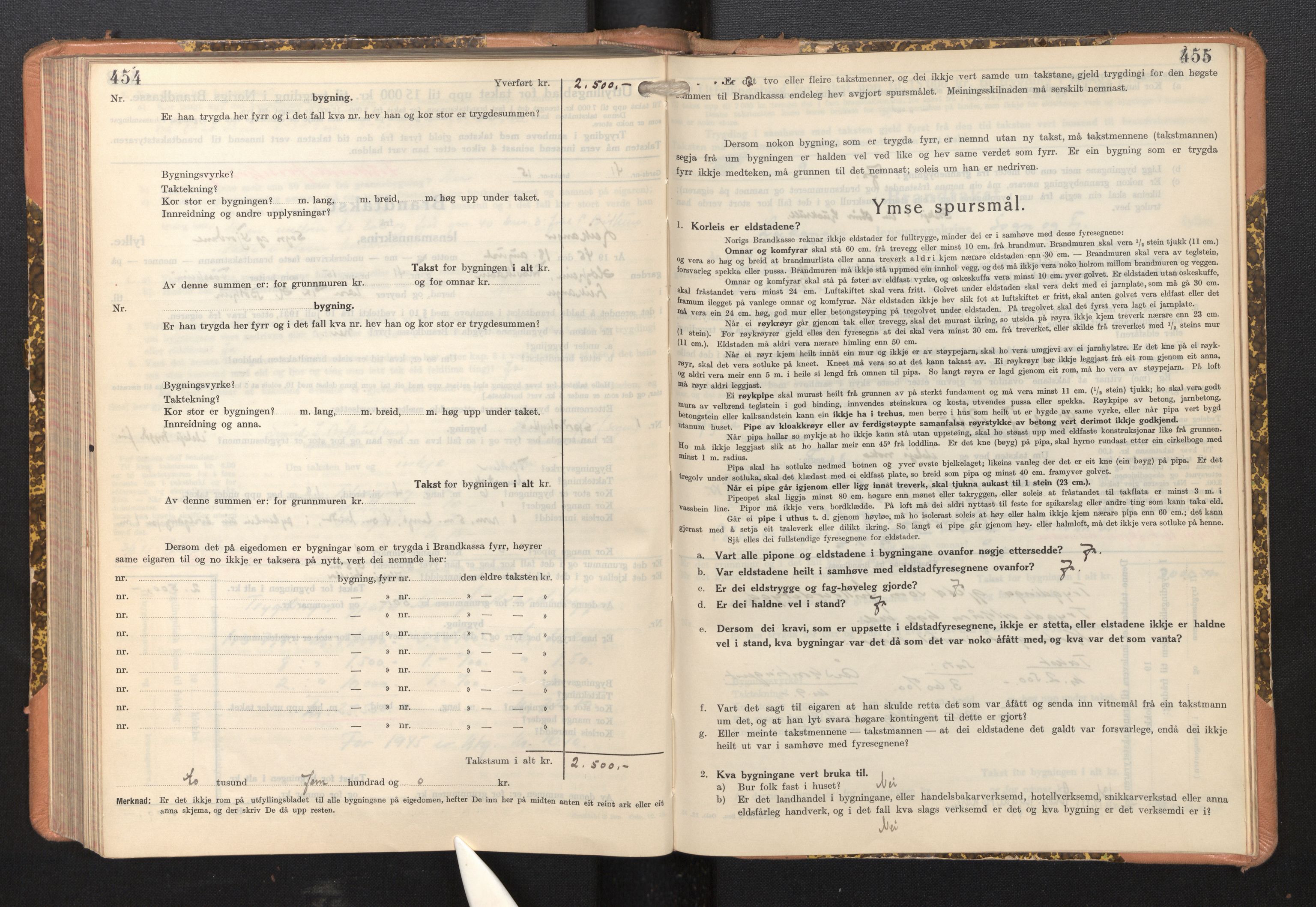 Lensmannen i Leikanger, AV/SAB-A-29201/0012/L0008: Branntakstprotokoll, skjematakst, 1937-1946, p. 454-455