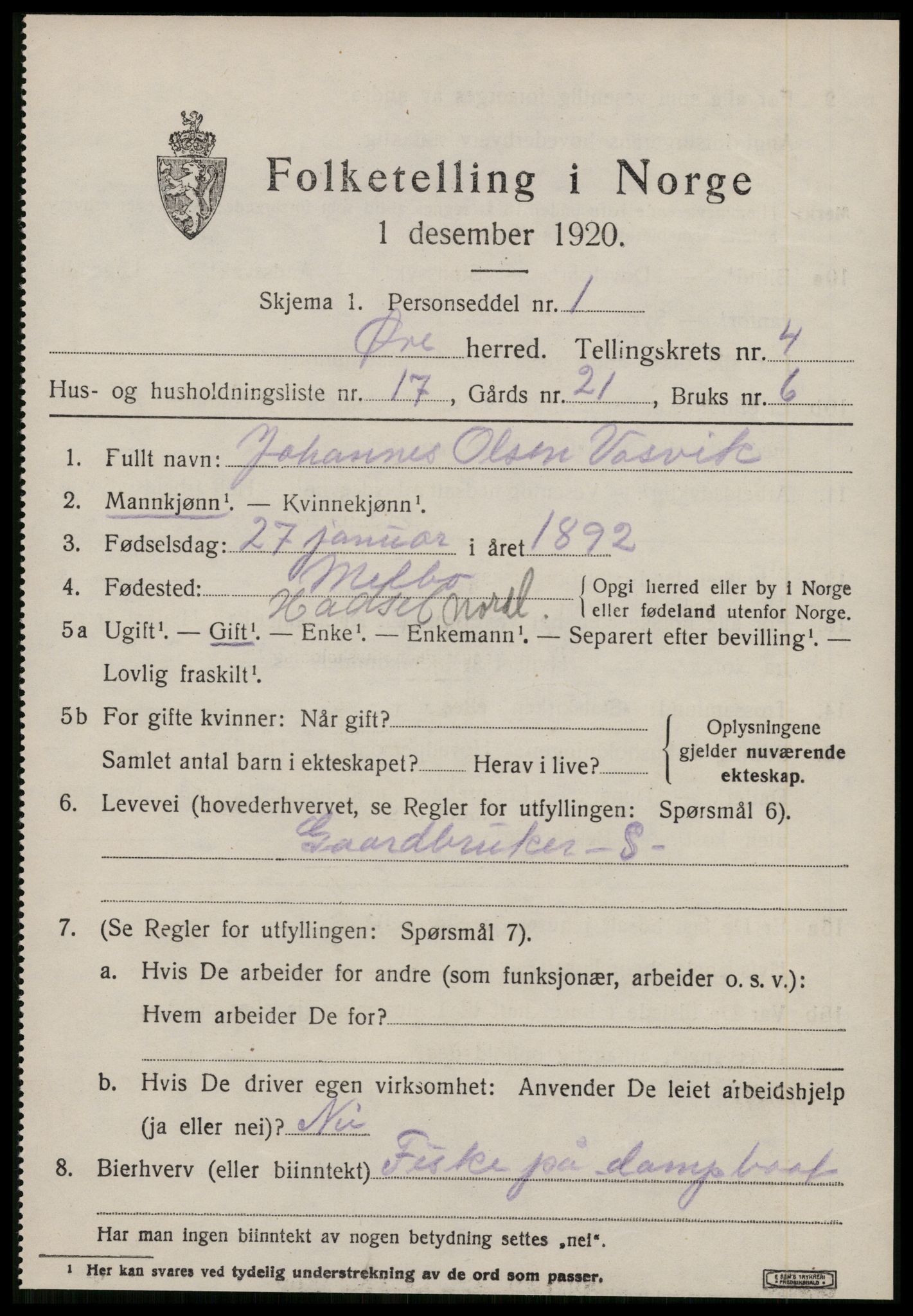 SAT, 1920 census for Øre, 1920, p. 2213