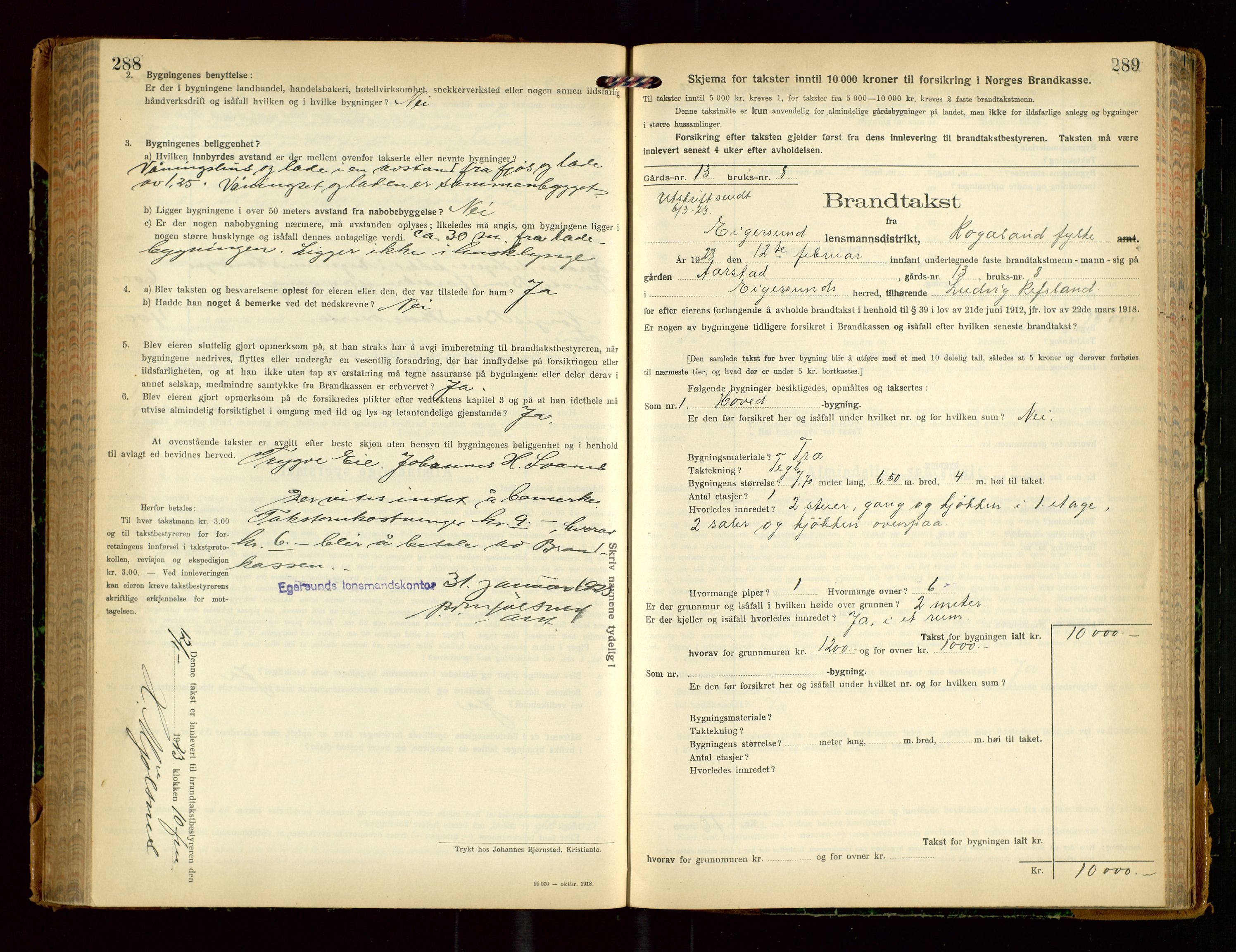 Eigersund lensmannskontor, SAST/A-100171/Gob/L0004: "Branntakstprotokoll", 1921-1925, p. 288-289