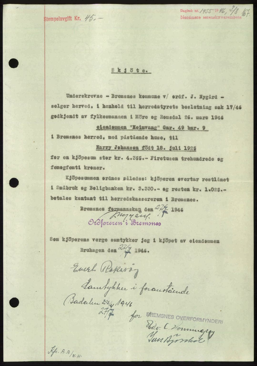 Nordmøre sorenskriveri, AV/SAT-A-4132/1/2/2Ca: Mortgage book no. A102, 1946-1946, Diary no: : 1455/1946