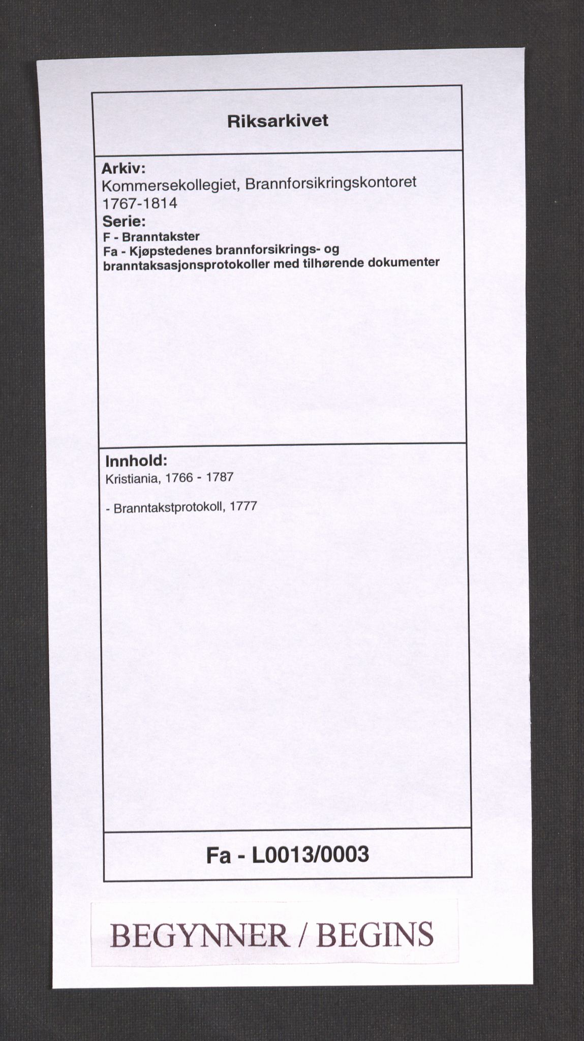 Kommersekollegiet, Brannforsikringskontoret 1767-1814, RA/EA-5458/F/Fa/L0013/0003: Kristiania / Branntakstprotokoll, 1777