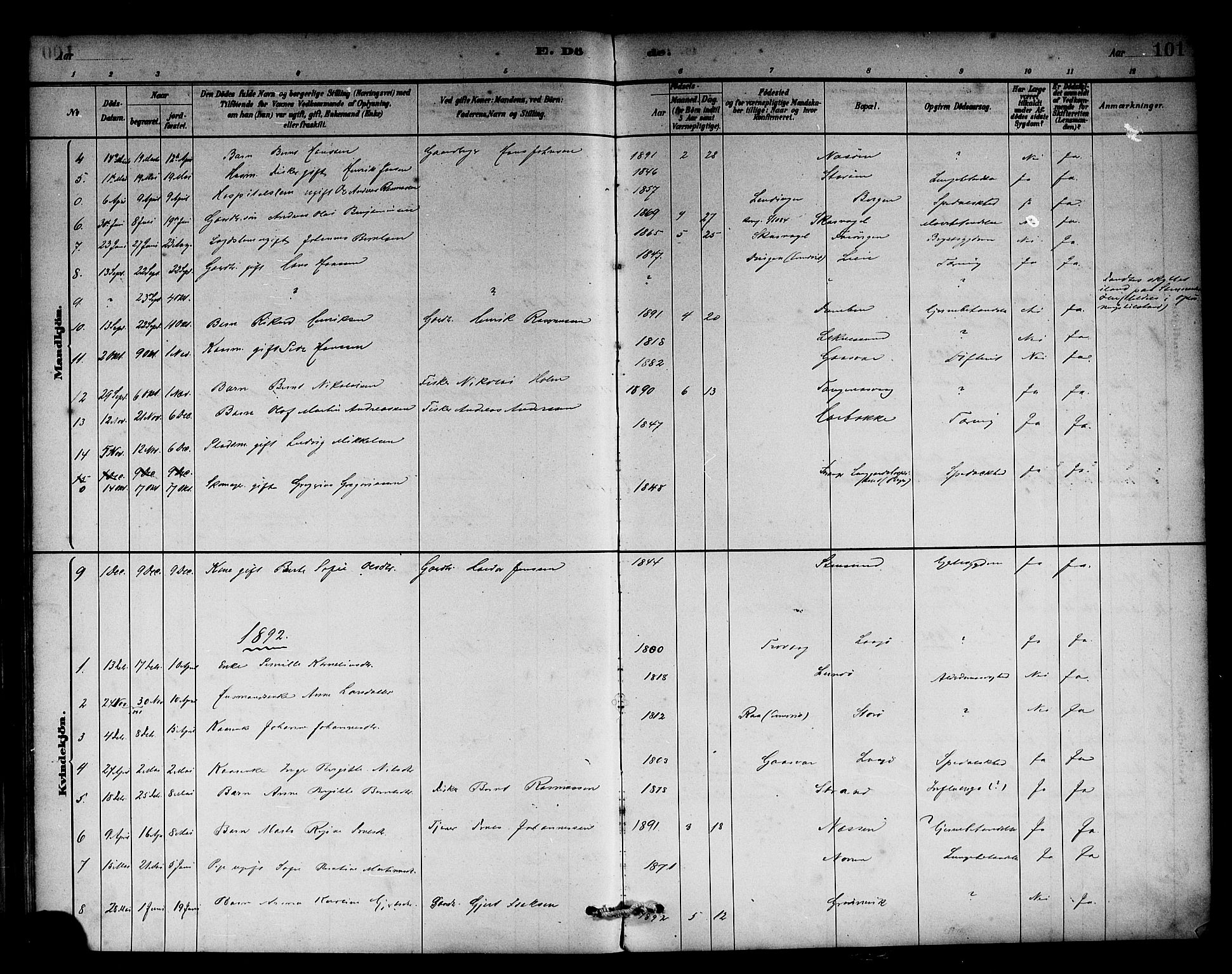 Solund sokneprestembete, SAB/A-81401: Parish register (official) no. A 1, 1881-1902, p. 101
