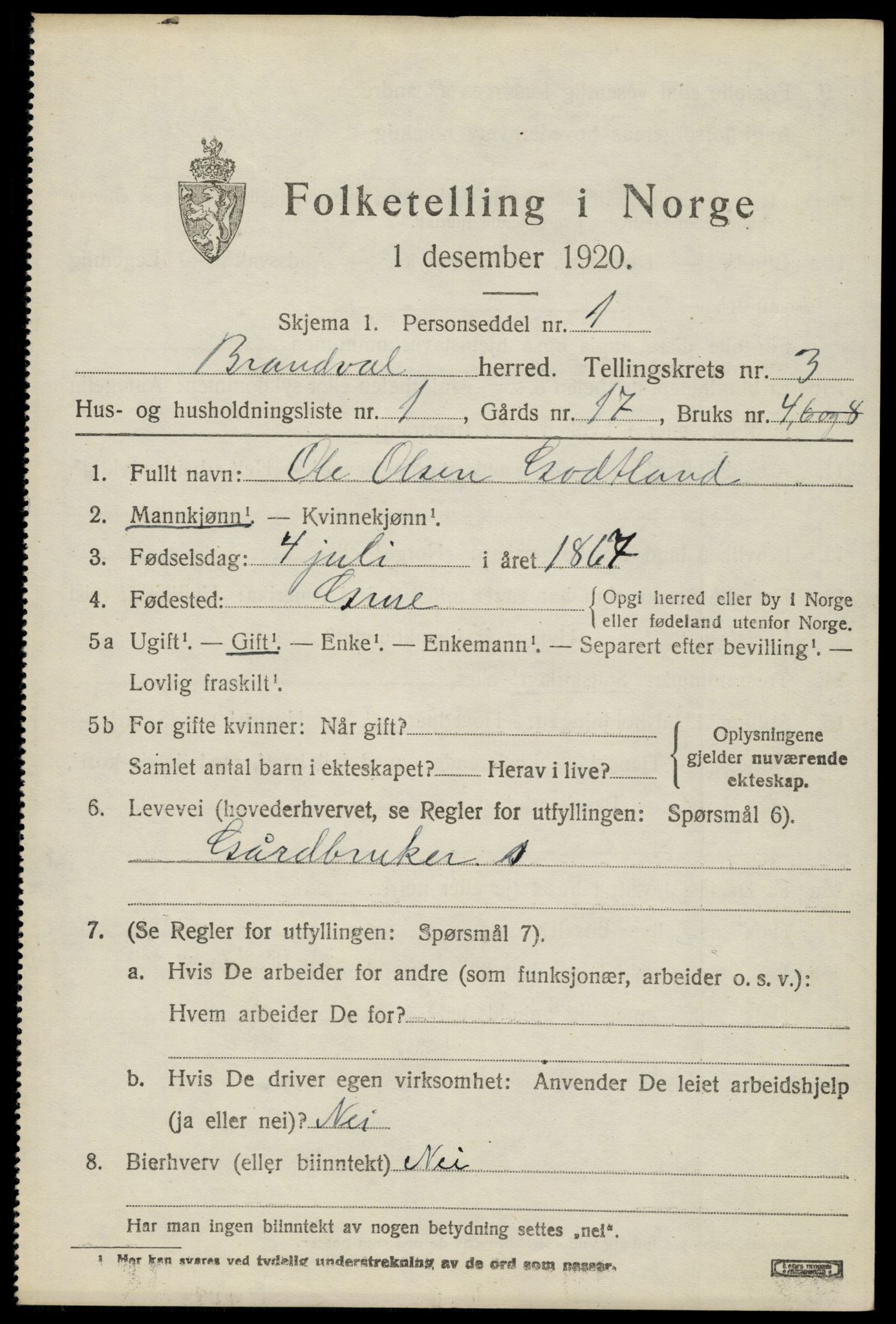 SAH, 1920 census for Brandval, 1920, p. 3008