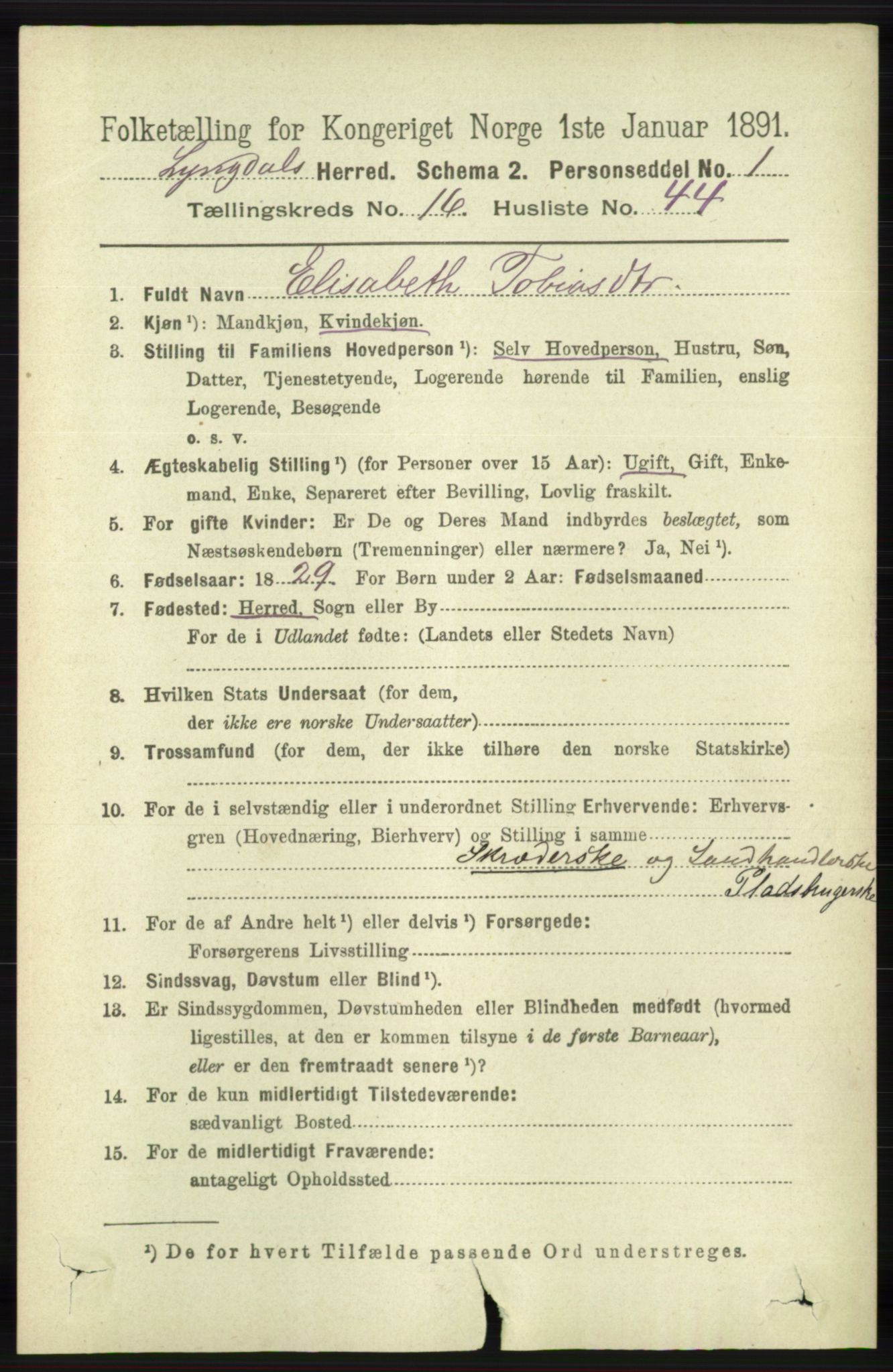 RA, 1891 census for 1032 Lyngdal, 1891, p. 6476