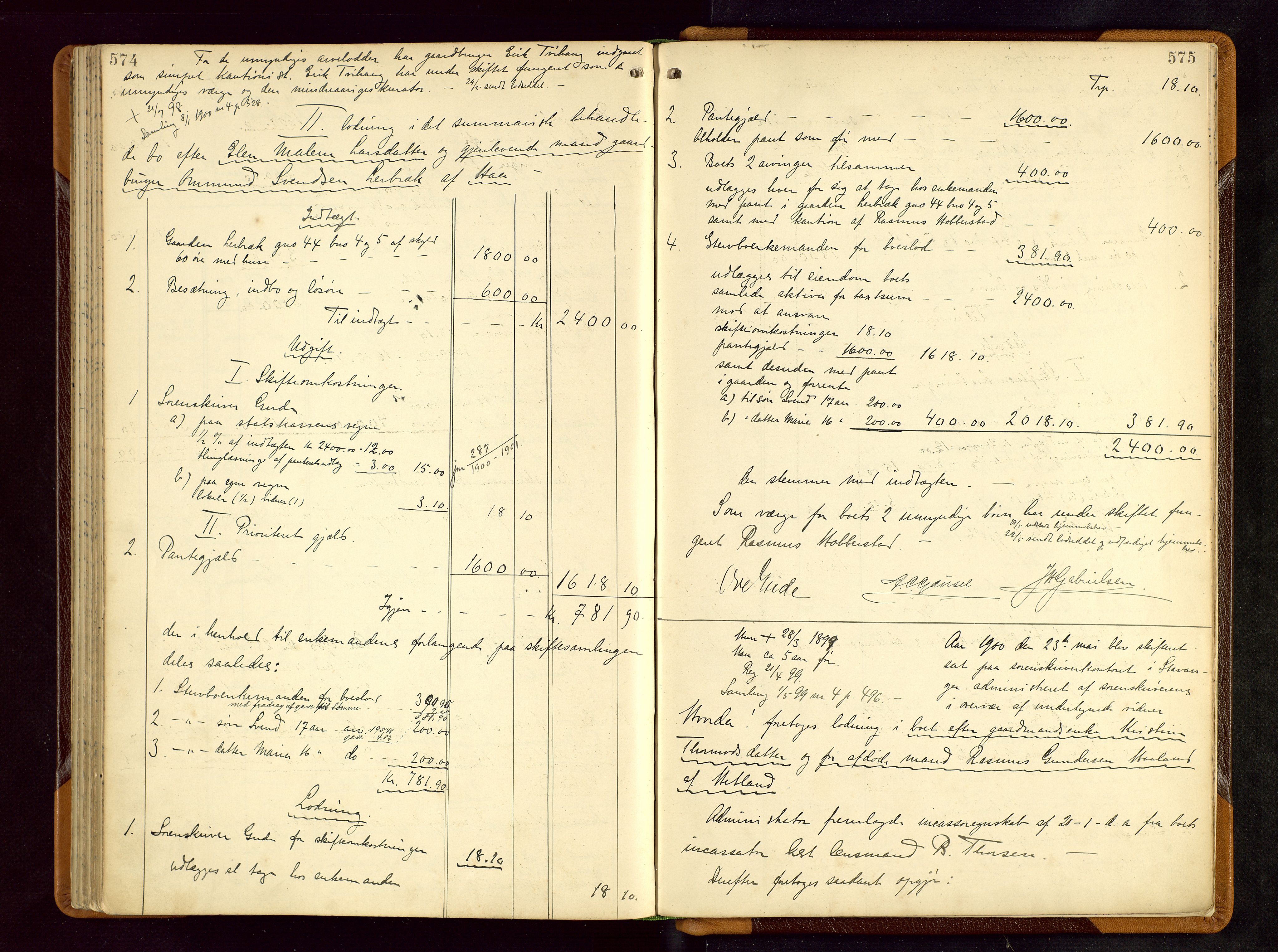 Jæren sorenskriveri, AV/SAST-A-100310/01/5/50/50BB/L0005: SKIFTEUTLODNINGSPROTOKOLL, 1893-1900, p. 574-575