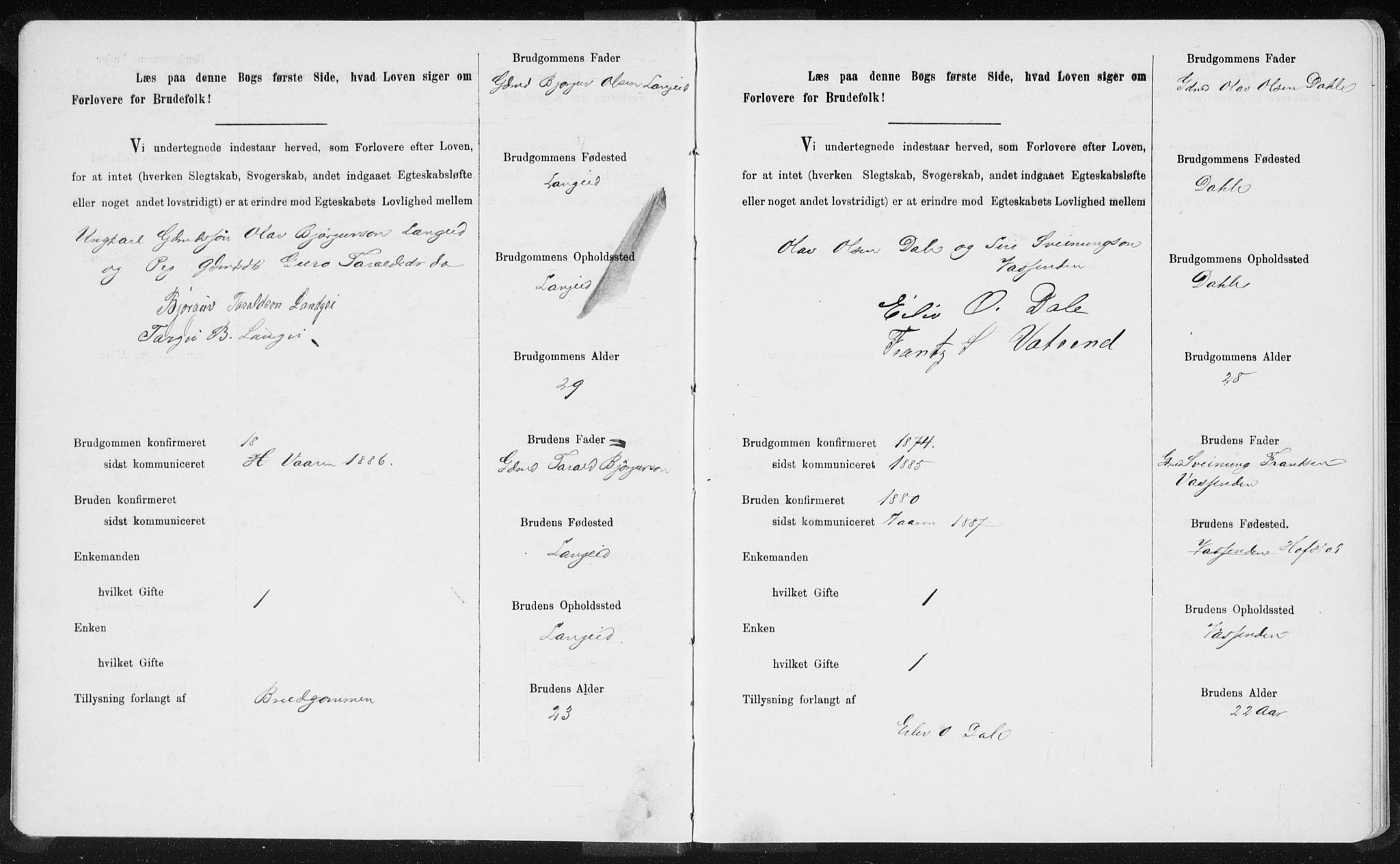 Bygland sokneprestkontor, AV/SAK-1111-0006/F/Fe/L0001: Banns register no. II.5.1, 1887-1908