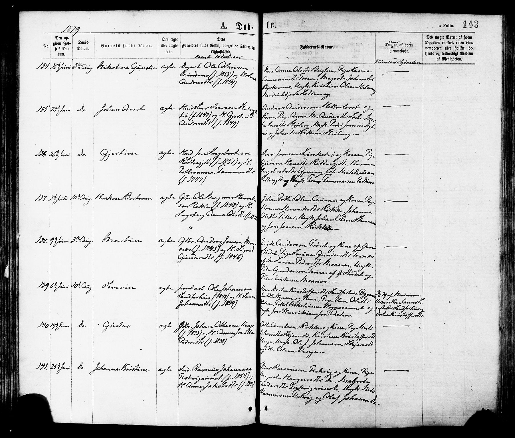 Ministerialprotokoller, klokkerbøker og fødselsregistre - Nord-Trøndelag, AV/SAT-A-1458/709/L0076: Parish register (official) no. 709A16, 1871-1879, p. 143