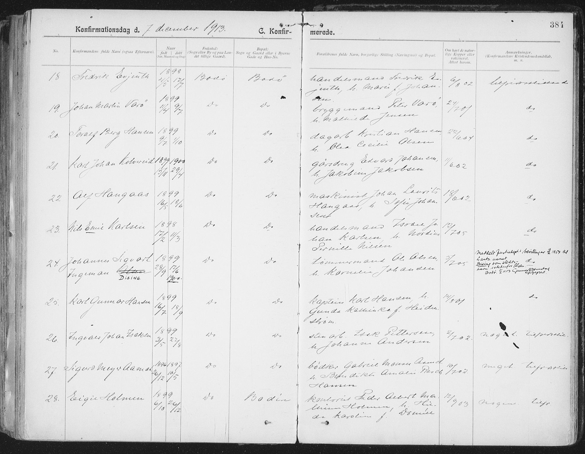 Ministerialprotokoller, klokkerbøker og fødselsregistre - Nordland, AV/SAT-A-1459/801/L0011: Parish register (official) no. 801A11, 1900-1916, p. 384