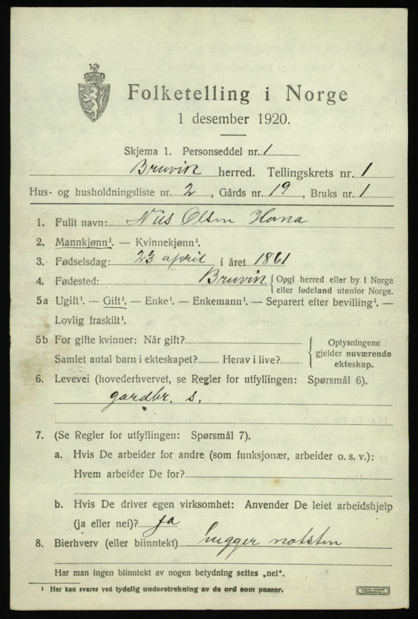 SAB, 1920 census for Bruvik, 1920, p. 1106