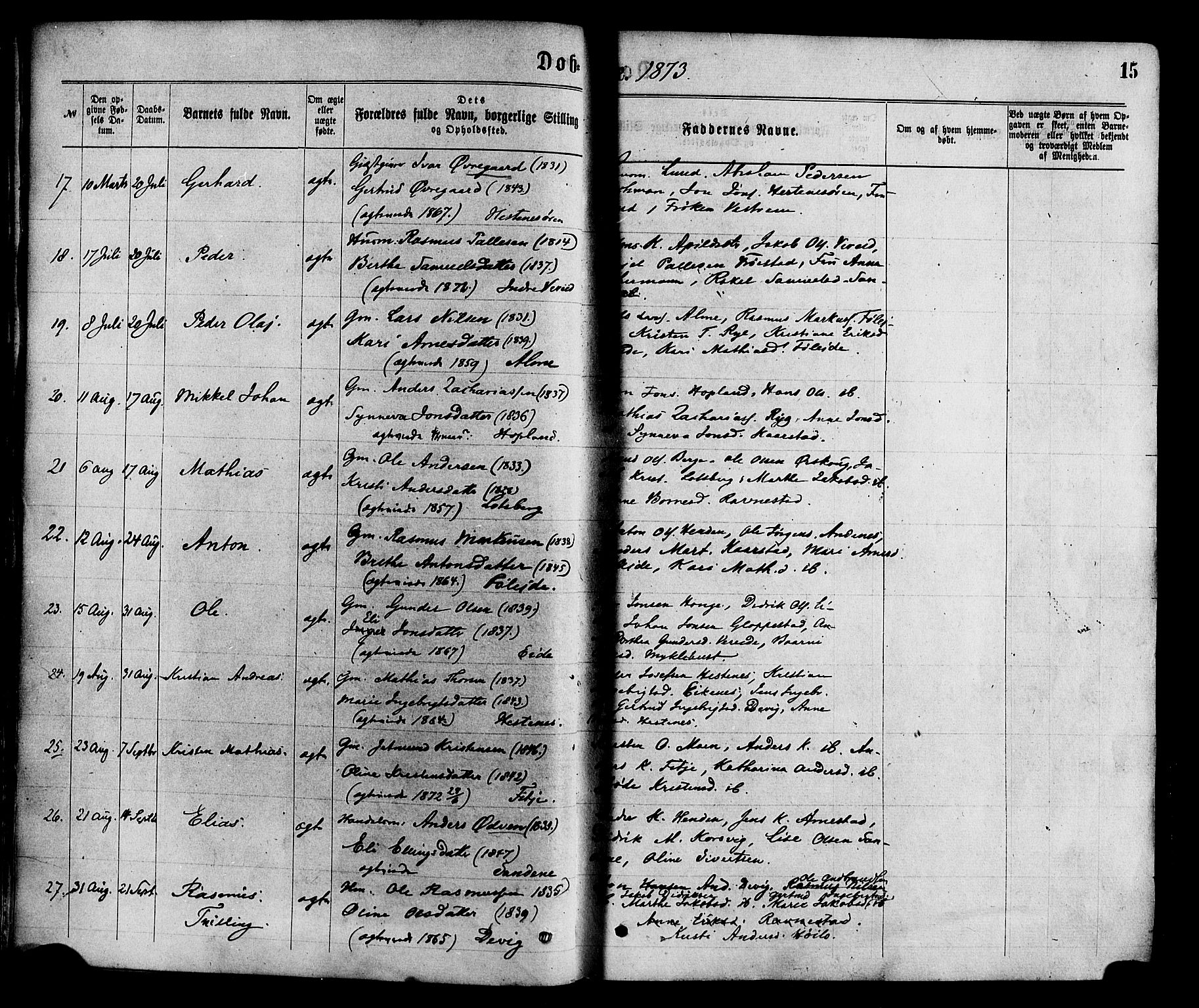 Gloppen sokneprestembete, AV/SAB-A-80101/H/Haa/Haaa/L0010: Parish register (official) no. A 10, 1871-1884, p. 15