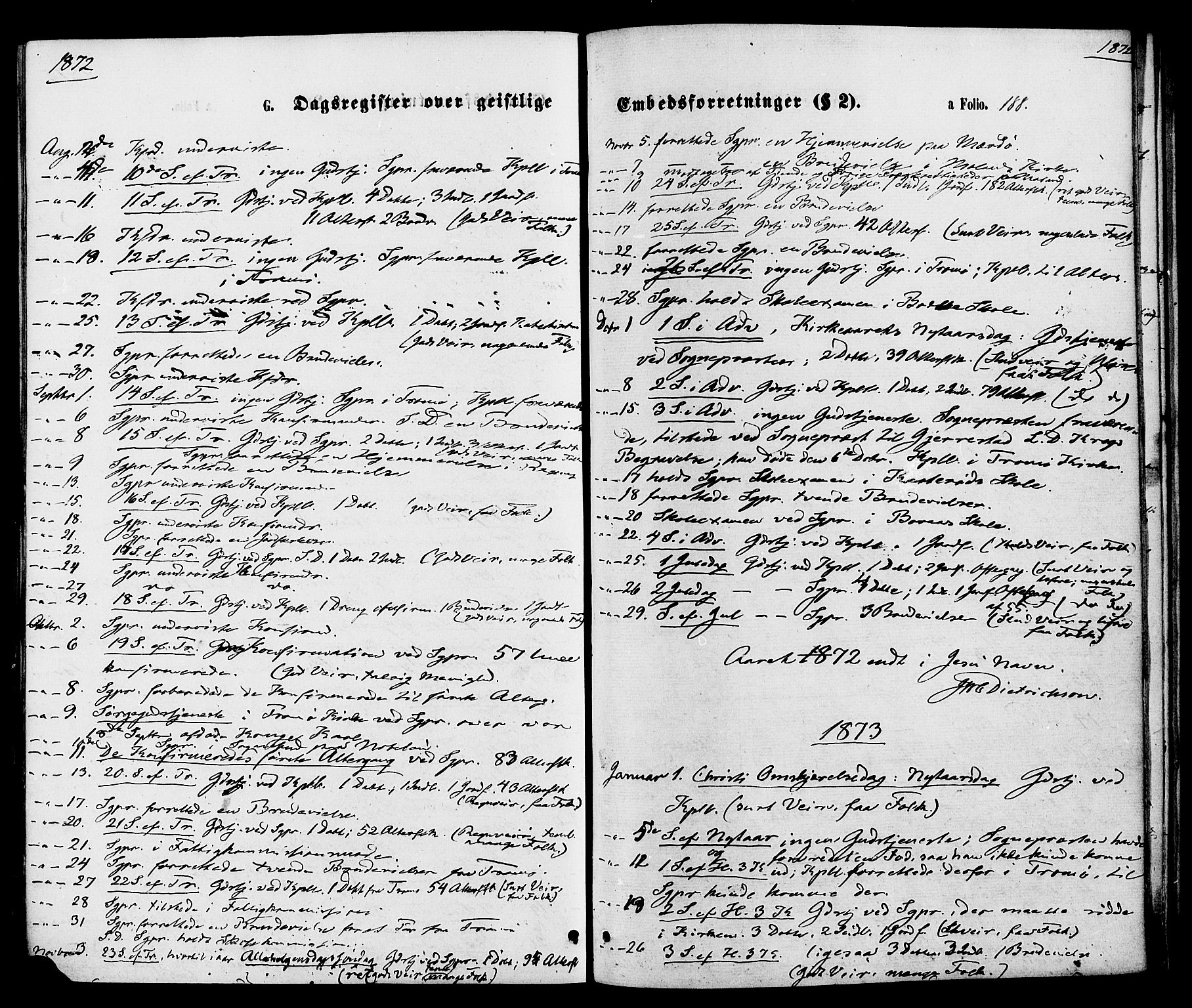 Austre Moland sokneprestkontor, SAK/1111-0001/F/Fa/Faa/L0009: Parish register (official) no. A 9, 1869-1879, p. 188