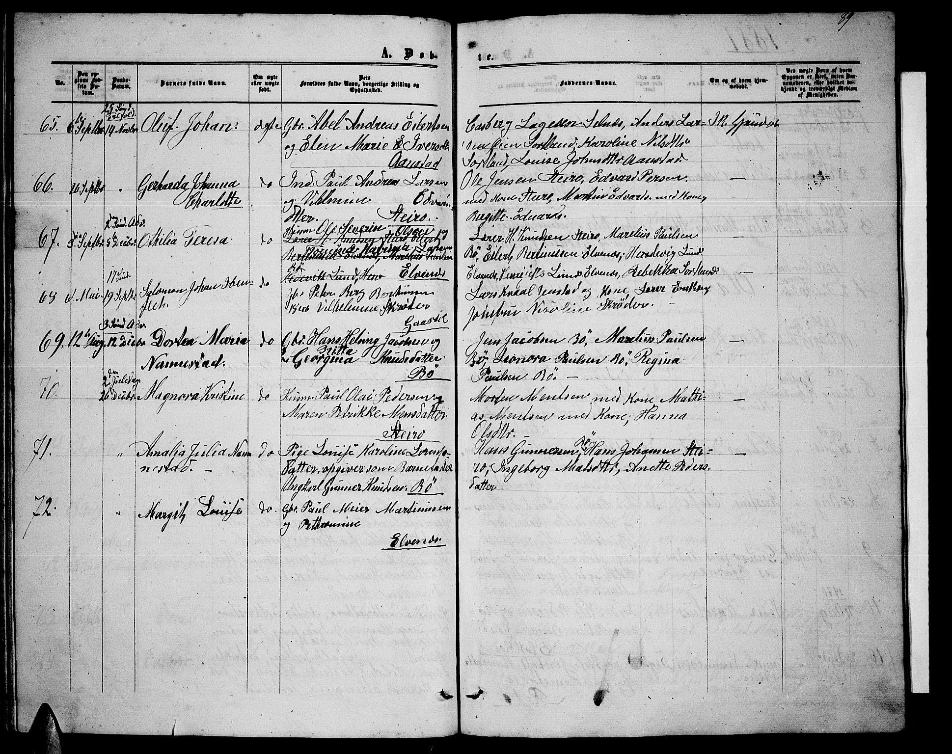 Ministerialprotokoller, klokkerbøker og fødselsregistre - Nordland, SAT/A-1459/895/L1381: Parish register (copy) no. 895C03, 1864-1885, p. 89