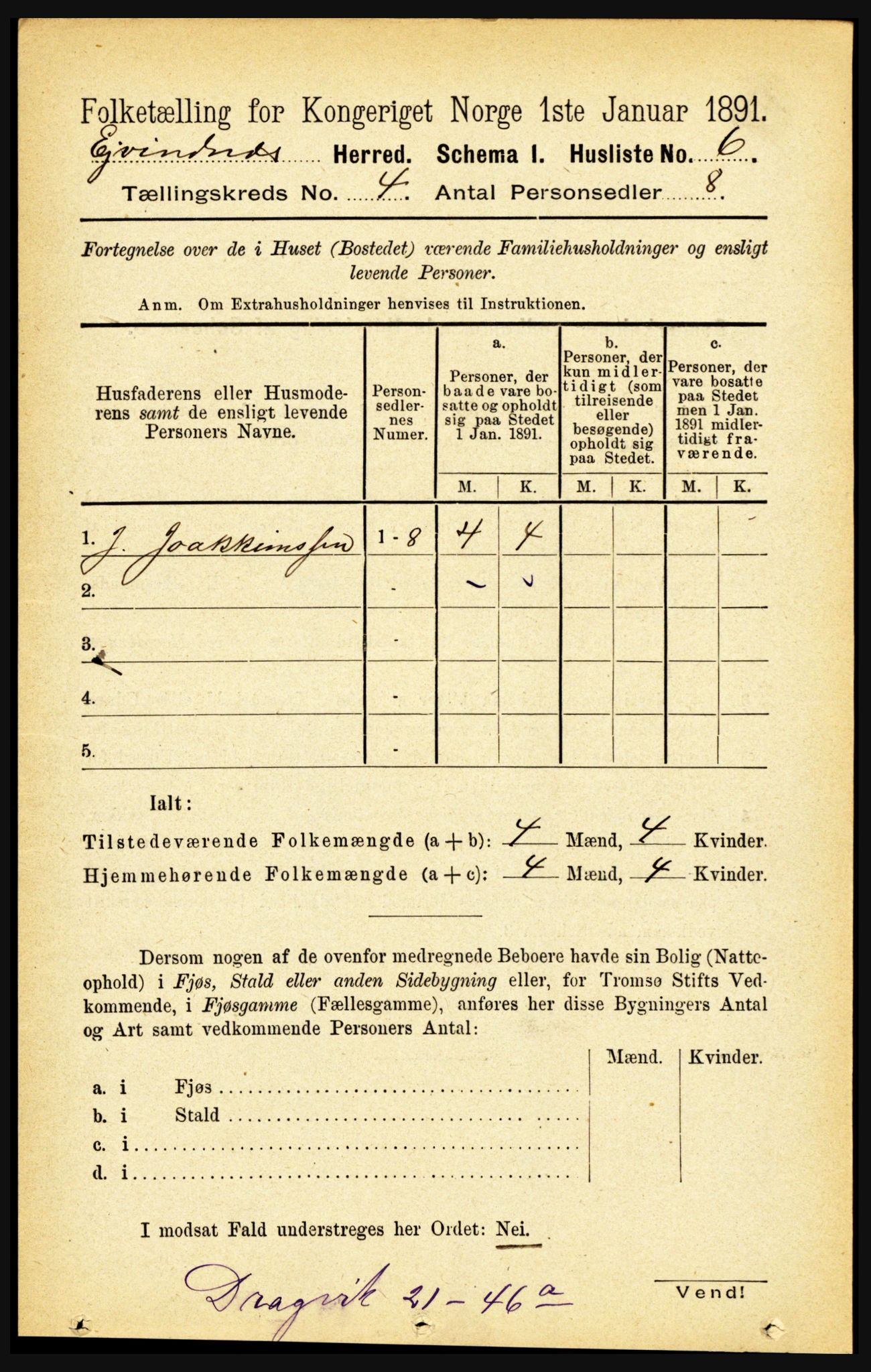 RA, 1891 census for 1853 Evenes, 1891, p. 1181