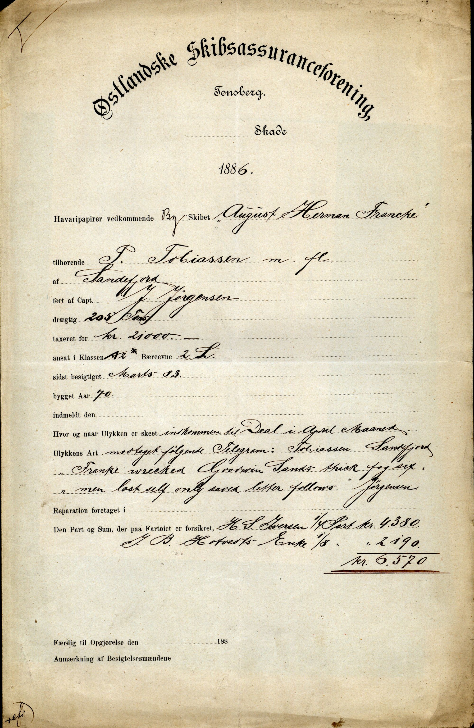 Pa 63 - Østlandske skibsassuranceforening, VEMU/A-1079/G/Ga/L0019/0011: Havaridokumenter / Arica, Astrid, August Herman Franck, Sondre, 1886, p. 31