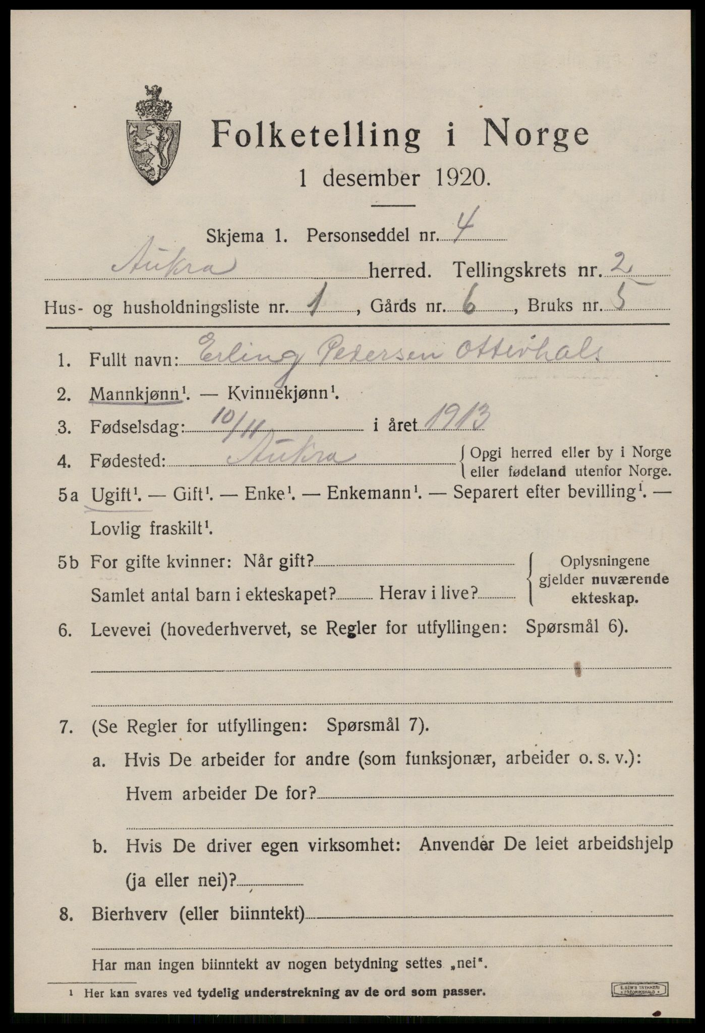 SAT, 1920 census for Aukra, 1920, p. 1617