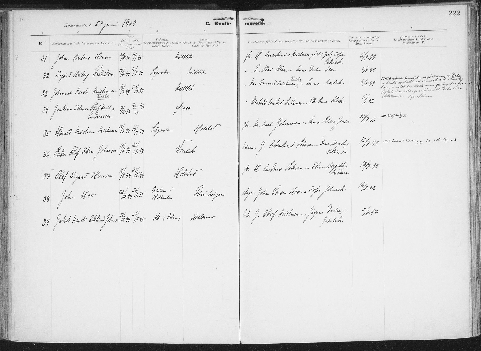 Ministerialprotokoller, klokkerbøker og fødselsregistre - Nordland, AV/SAT-A-1459/849/L0696: Parish register (official) no. 849A08, 1898-1910, p. 222