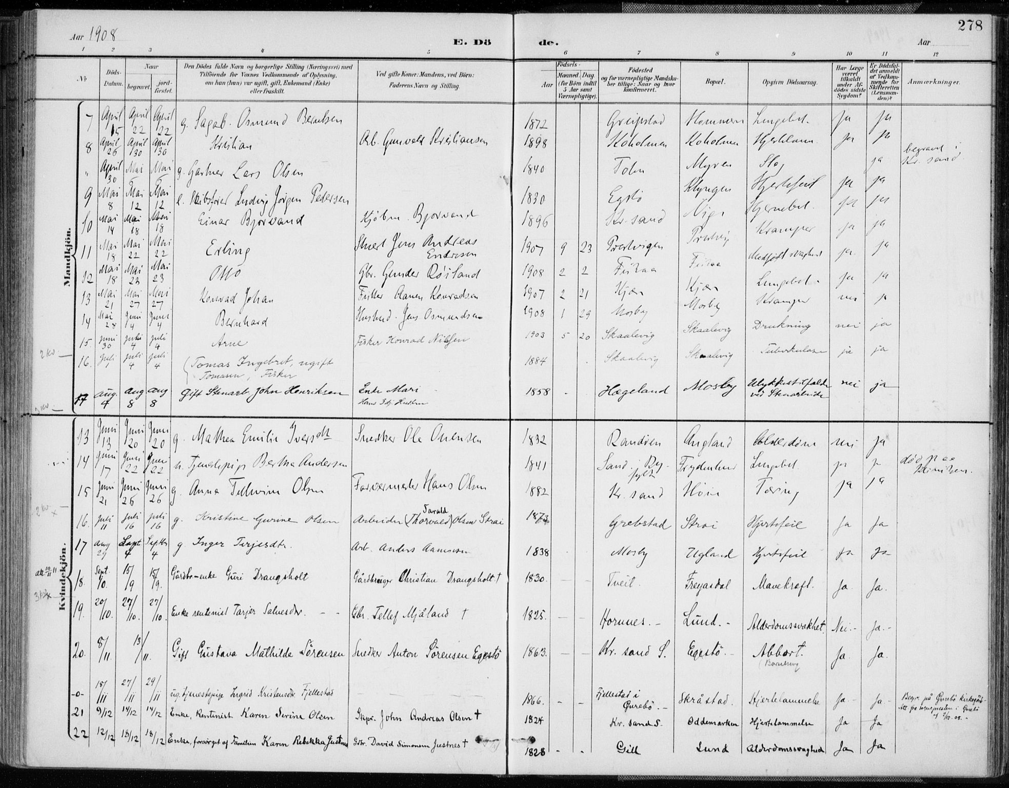 Oddernes sokneprestkontor, AV/SAK-1111-0033/F/Fa/Faa/L0010: Parish register (official) no. A 10, 1897-1911, p. 278