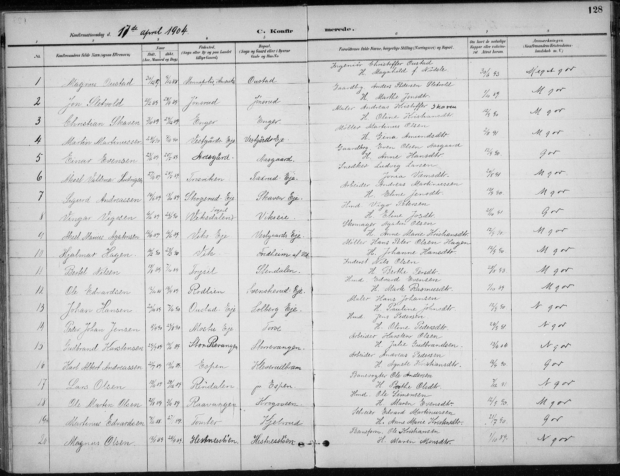 Stange prestekontor, SAH/PREST-002/K/L0023: Parish register (official) no. 23, 1897-1920, p. 128