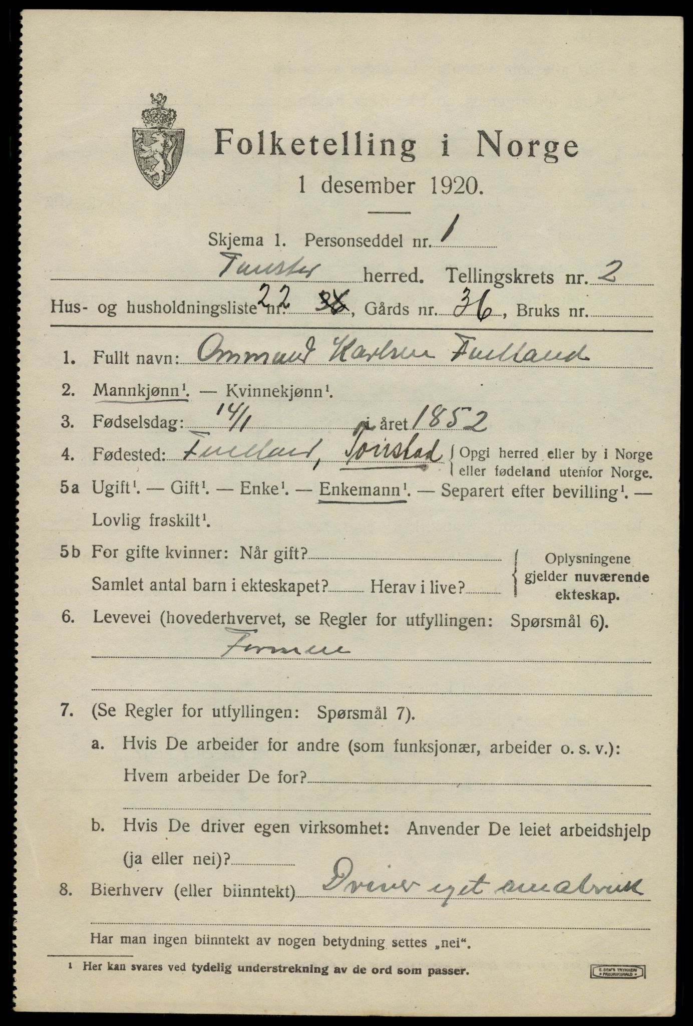 SAK, 1920 census for Tonstad, 1920, p. 990