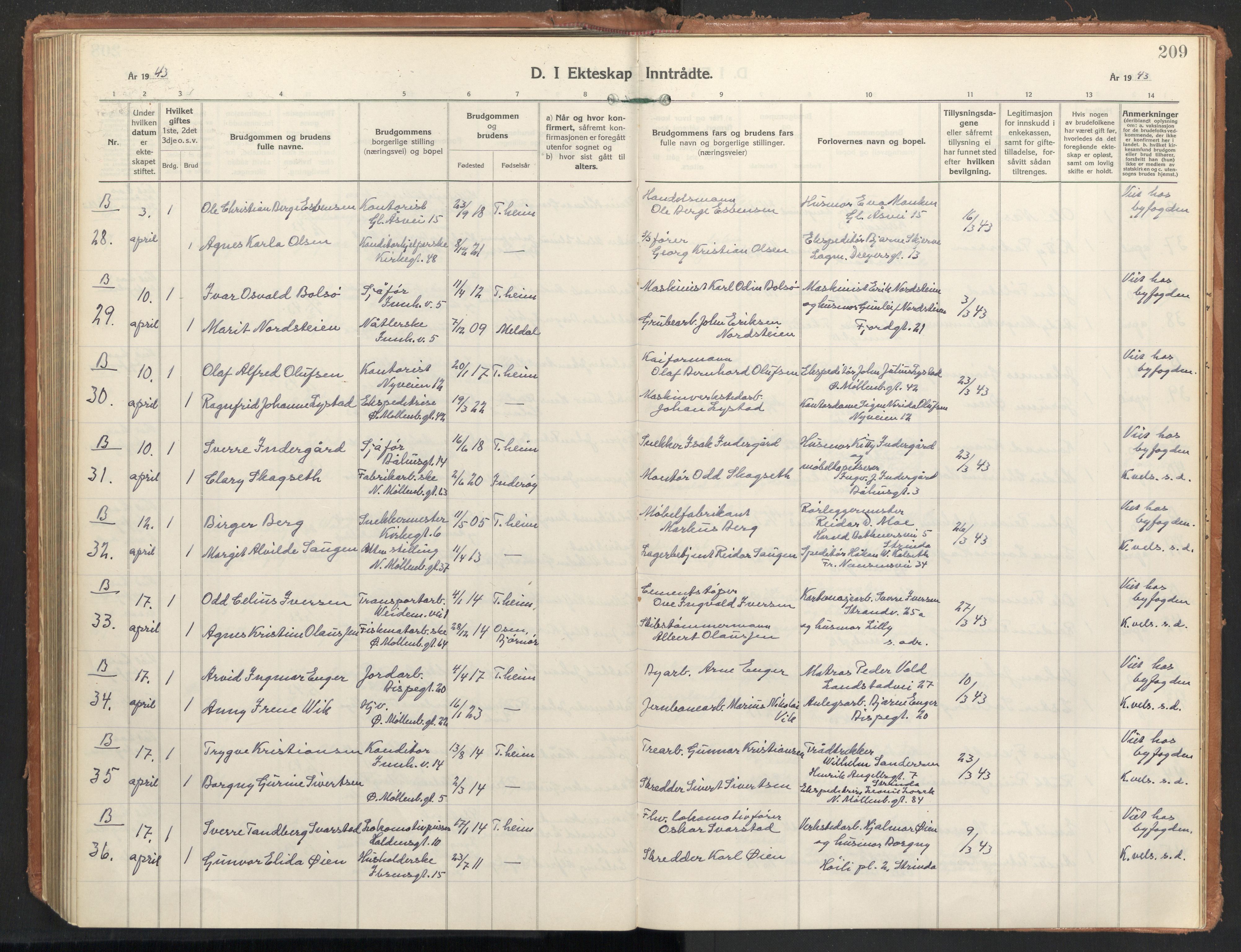 Ministerialprotokoller, klokkerbøker og fødselsregistre - Sør-Trøndelag, AV/SAT-A-1456/604/L0209: Parish register (official) no. 604A29, 1931-1945, p. 209