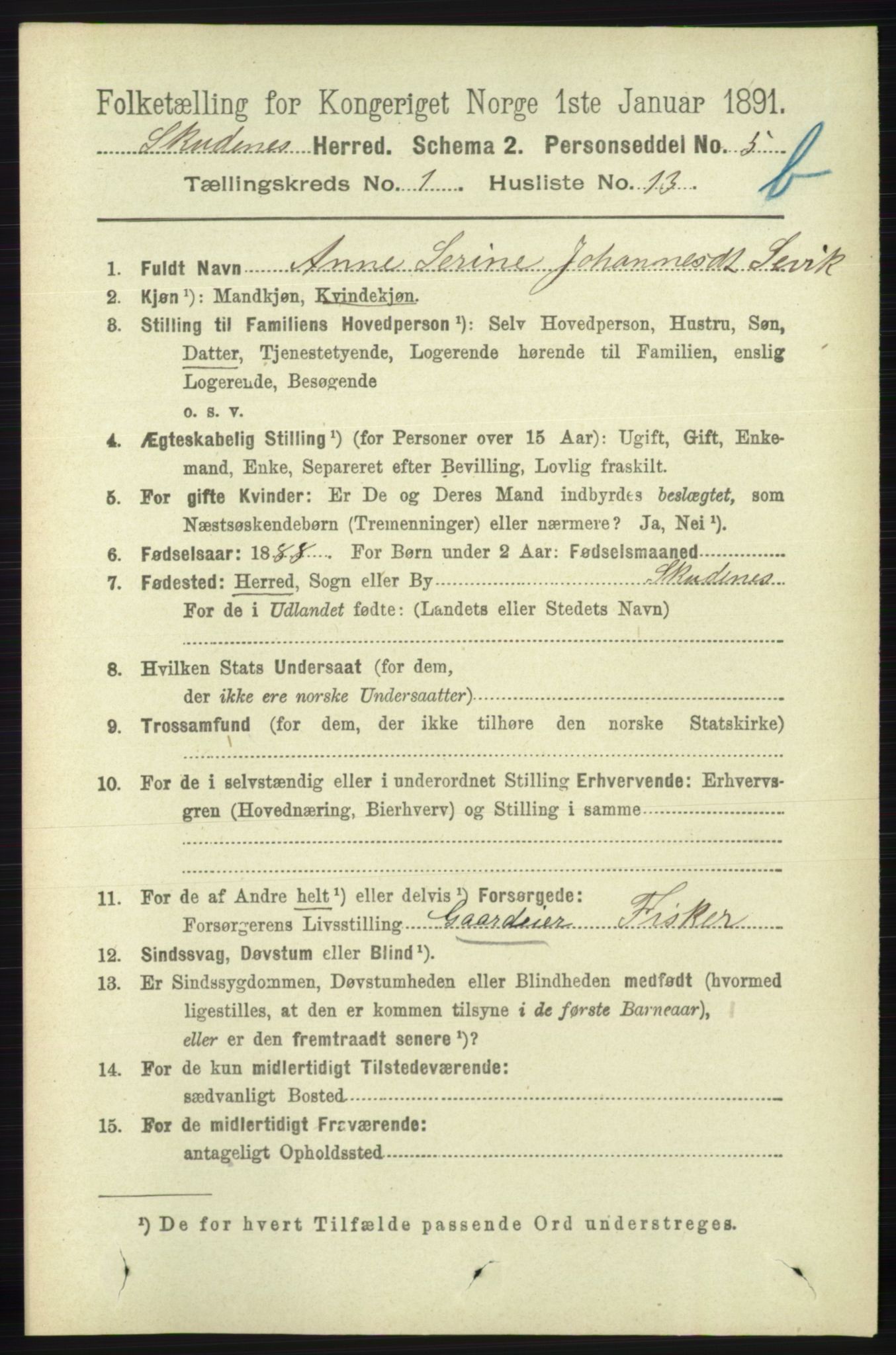 RA, 1891 census for 1150 Skudenes, 1891, p. 3476