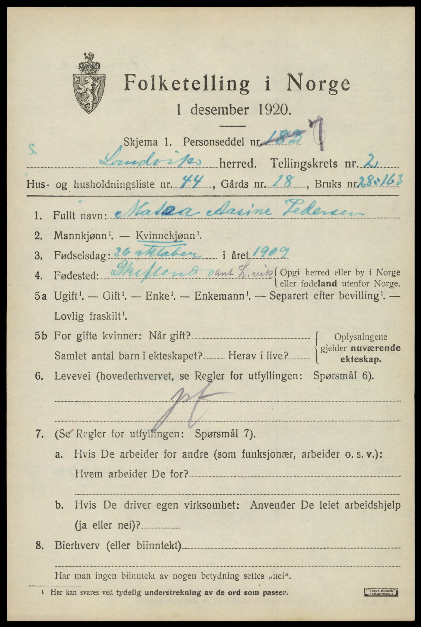 SAK, 1920 census for Landvik, 1920, p. 2132