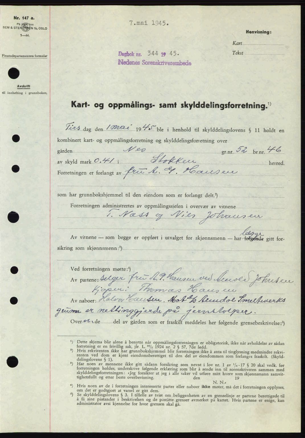 Nedenes sorenskriveri, SAK/1221-0006/G/Gb/Gba/L0052: Mortgage book no. A6a, 1944-1945, Diary no: : 344/1945