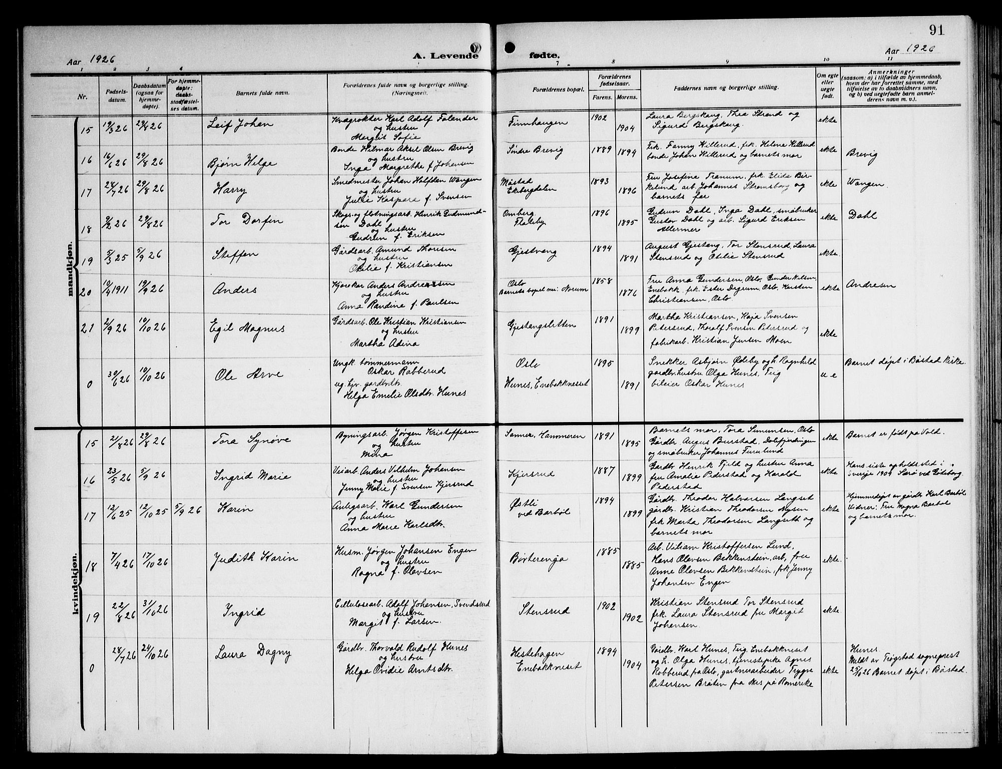 Enebakk prestekontor Kirkebøker, AV/SAO-A-10171c/G/Ga/L0007: Parish register (copy) no. I 7, 1911-1949, p. 91