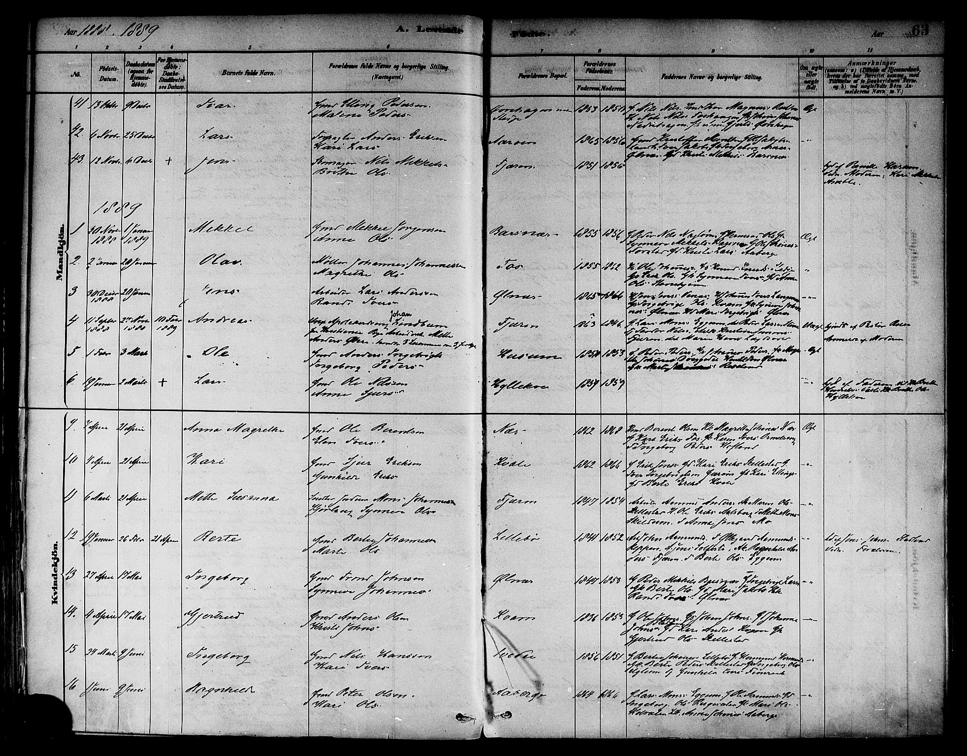Sogndal sokneprestembete, SAB/A-81301/H/Haa/Haab/L0001: Parish register (official) no. B 1, 1878-1899, p. 63