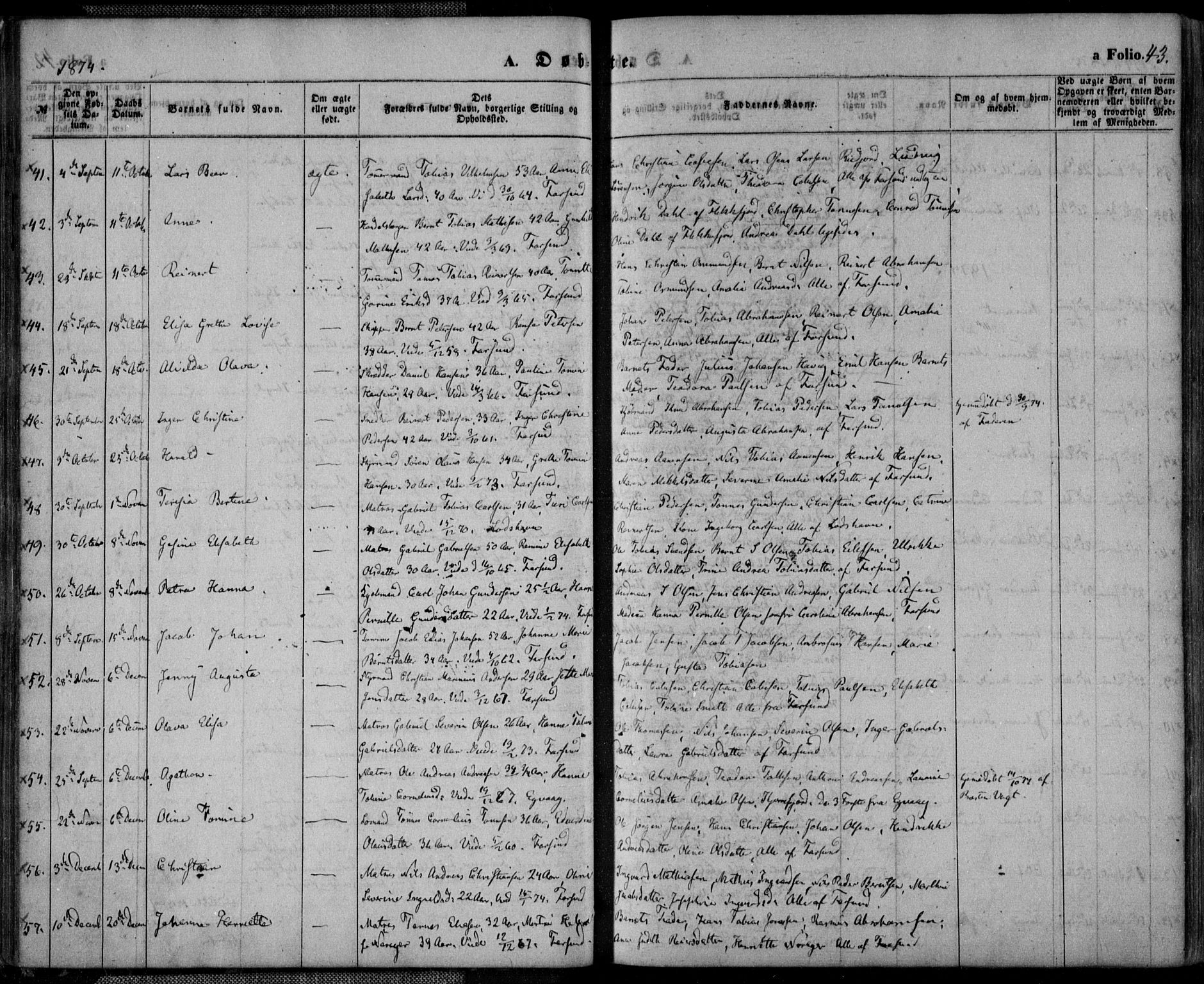 Farsund sokneprestkontor, SAK/1111-0009/F/Fa/L0005: Parish register (official) no. A 5, 1863-1886, p. 43