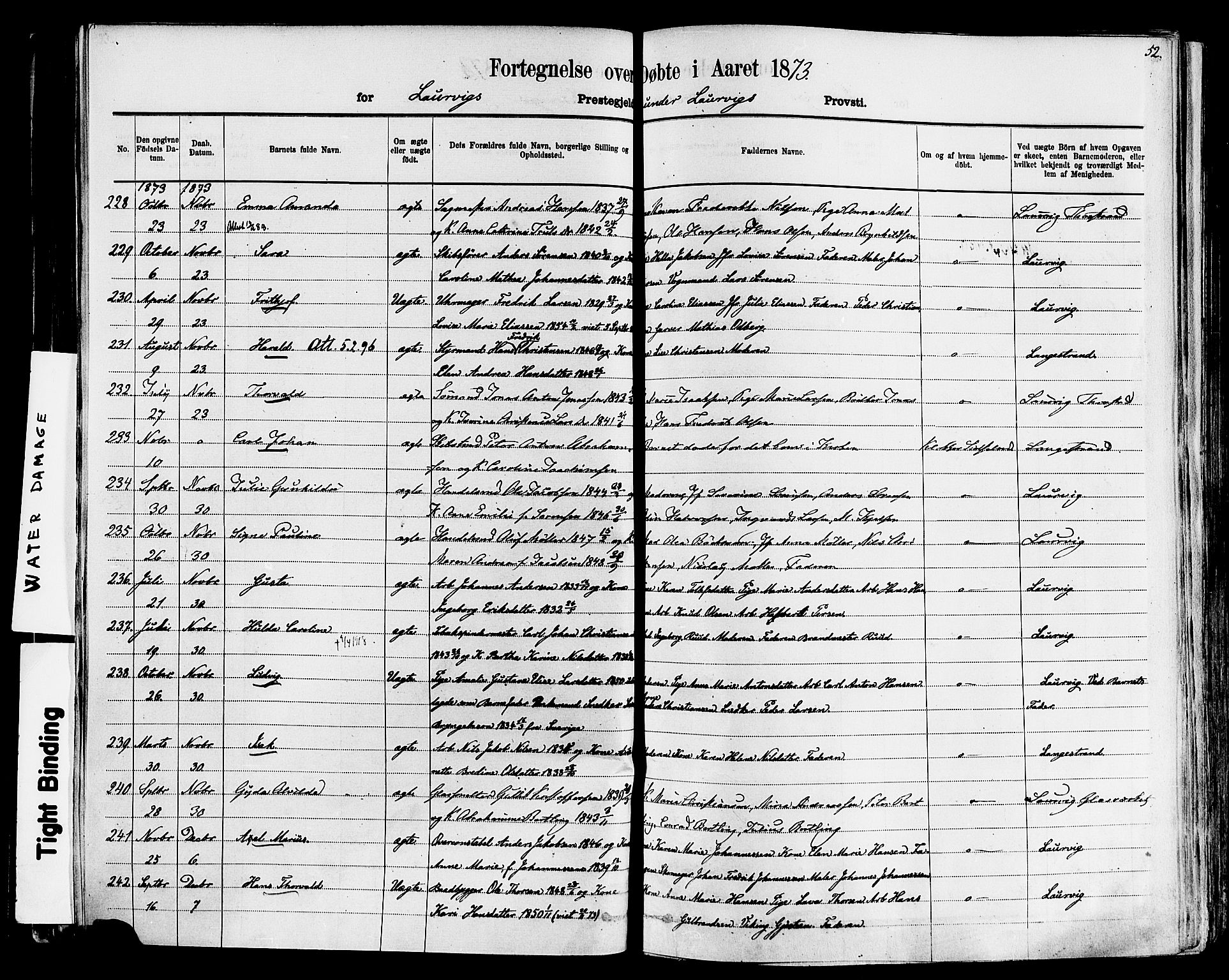 Larvik kirkebøker, AV/SAKO-A-352/F/Fa/L0006: Parish register (official) no. I 6, 1871-1883, p. 52